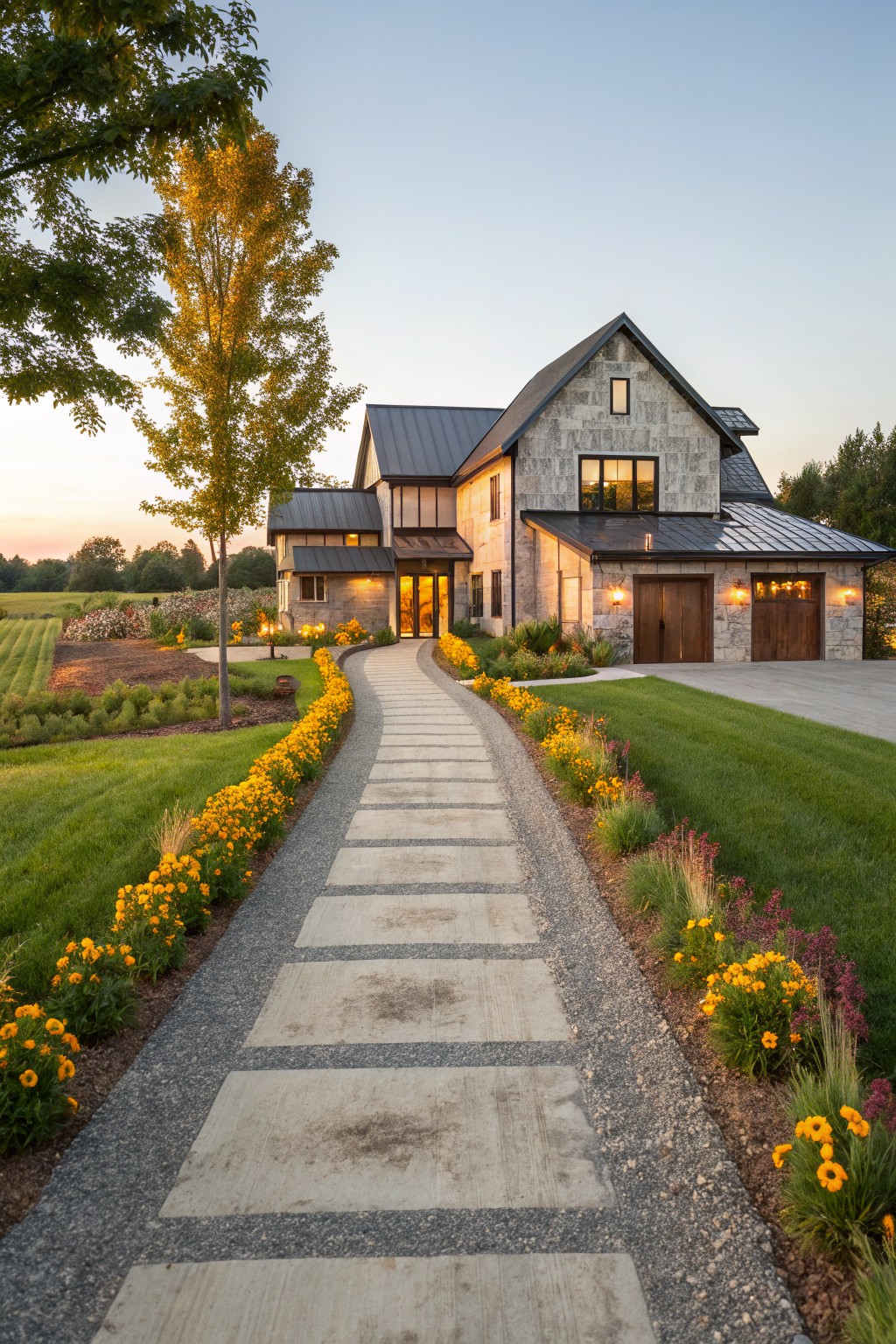 Curved concrete paver pathway lined with yellow marigold flower beds on both sides leading to a stone and wood house exterior, with green lawn, trees, and dusk lighting.
