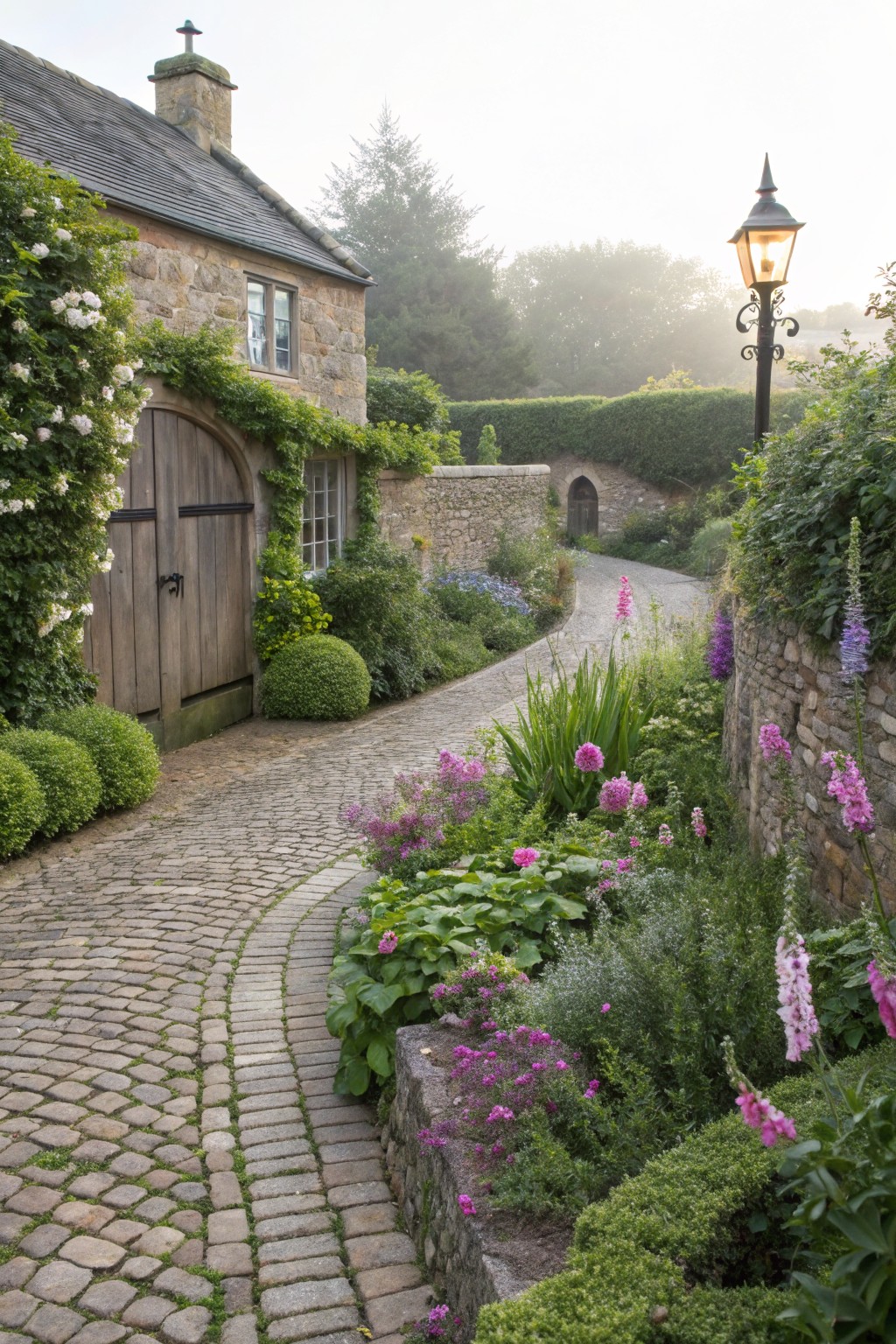 Curved cobblestone path lined with flower beds containing pink foxgloves, delphiniums, and green shrubs beside stone walls and a house with wooden arched doors covered in climbing roses.