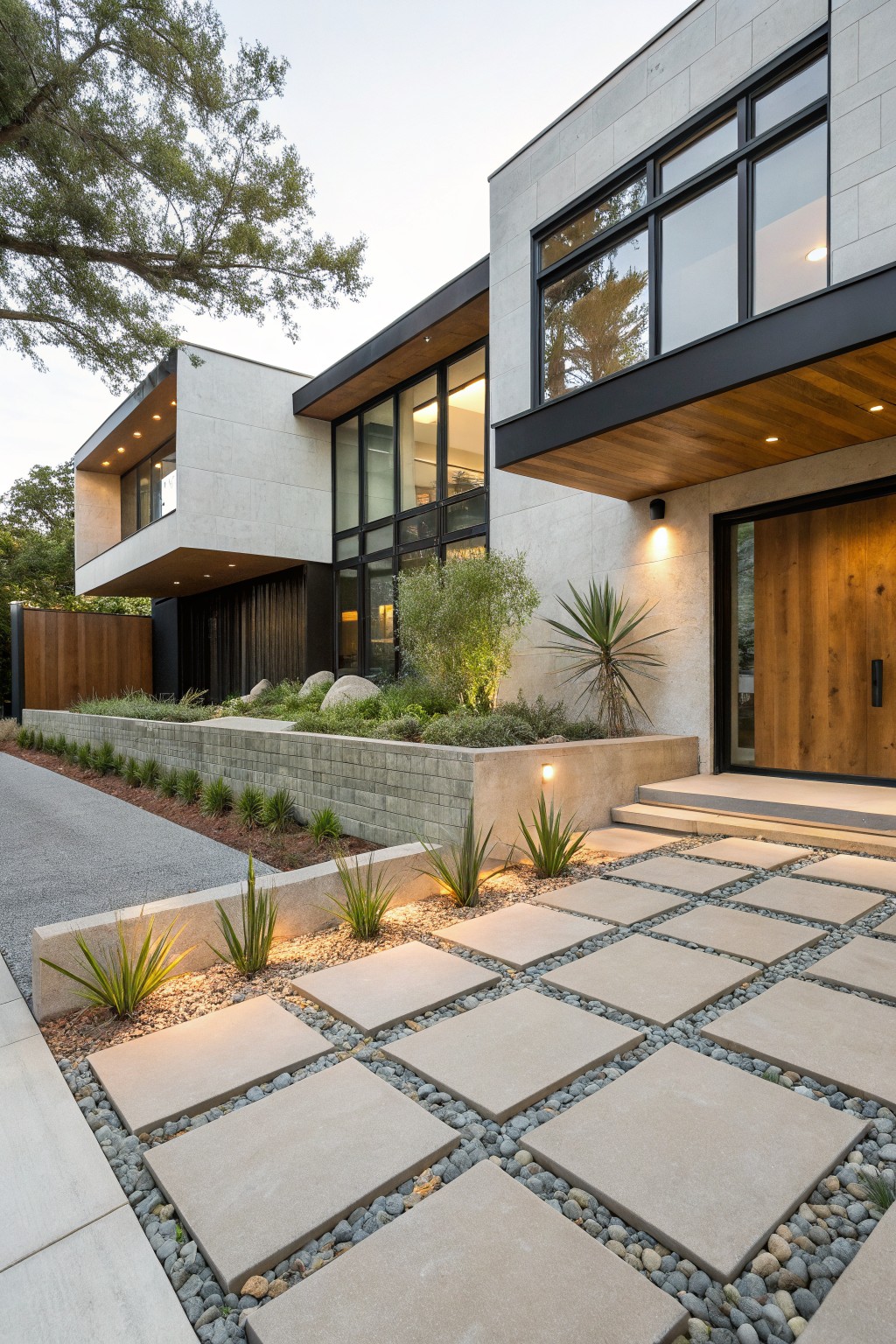 Modern house facade with driveway edged by raised stone retaining walls planted with succulents, grasses, and small shrubs, featuring a pebble-filled paver path leading to the entry door.
