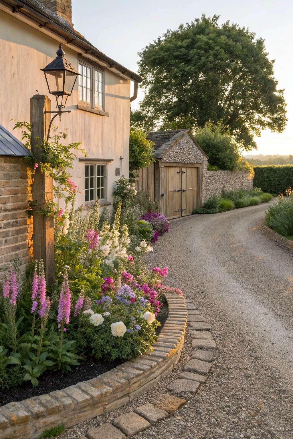 Gravel driveway curving past a stone house and garage, bordered by a low curved stone wall filled with pink foxgloves, white roses, and other perennials in evening light.