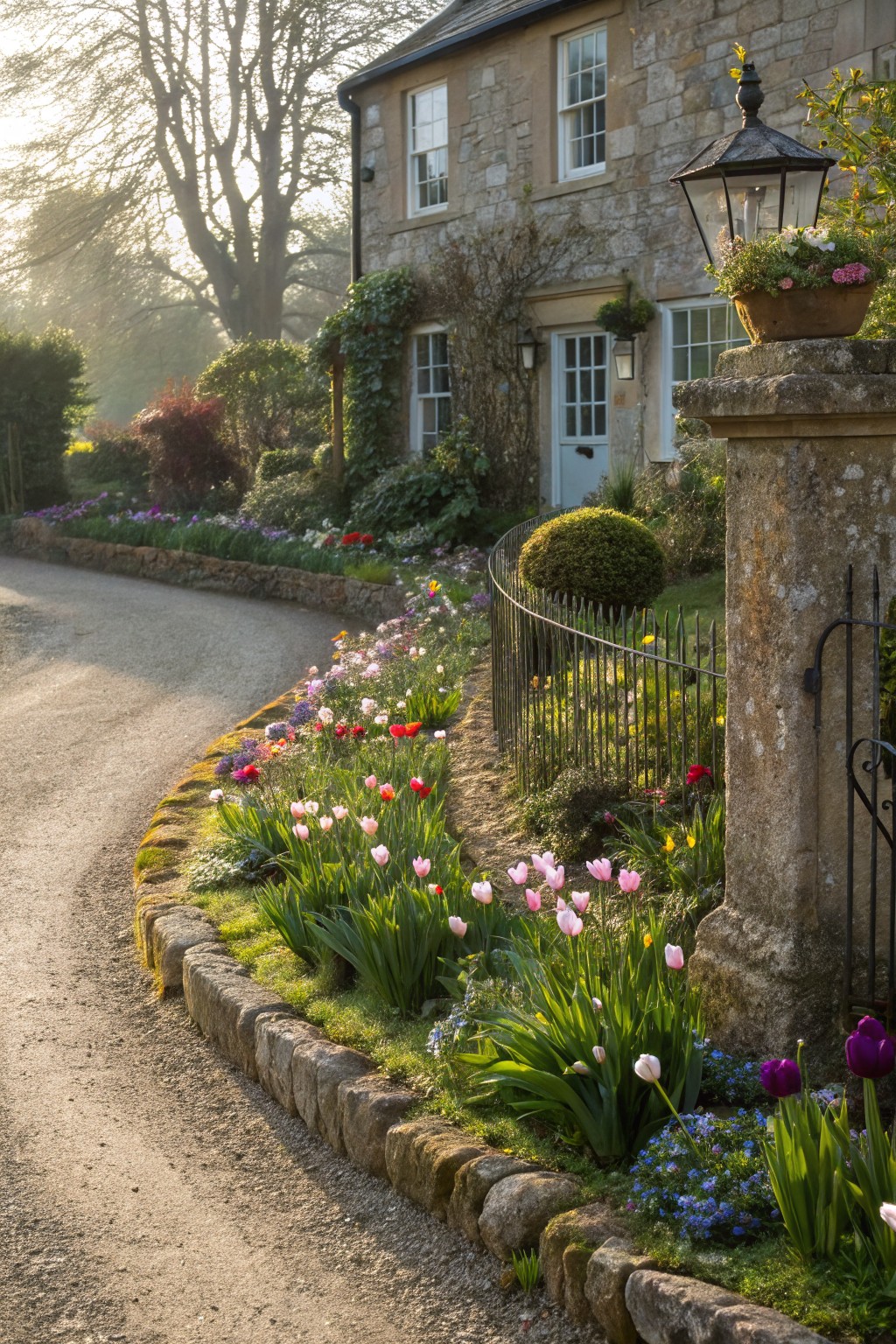 Gravel driveway curving past low dry-stone walls edged with colorful tulips in pink, white, red, and purple, green foliage, and other spring flowers, next to a stone house with wrought iron fence and gate.