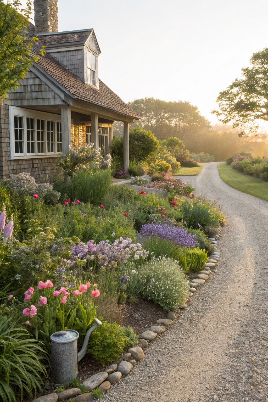 A shingled cottage house beside a gravel driveway edged with rounded stones and filled with colorful flower beds of tulips, peonies, and grasses, with gardens extending into the background at sunrise.