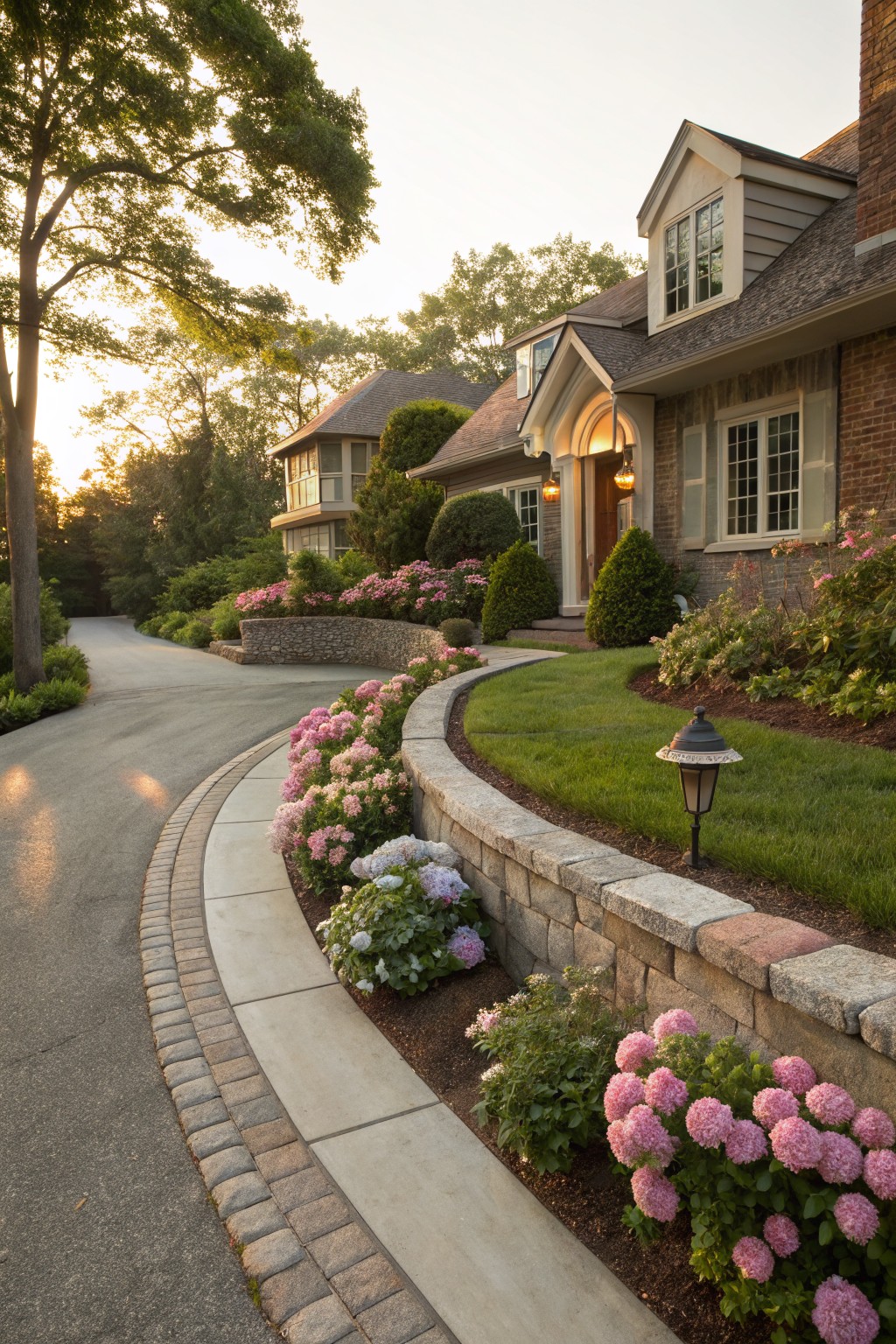 Curved driveway edged by low stone retaining walls planted with pink and white hydrangea bushes, bordered by grass and leading to a brick house entrance with landscaping at dusk.