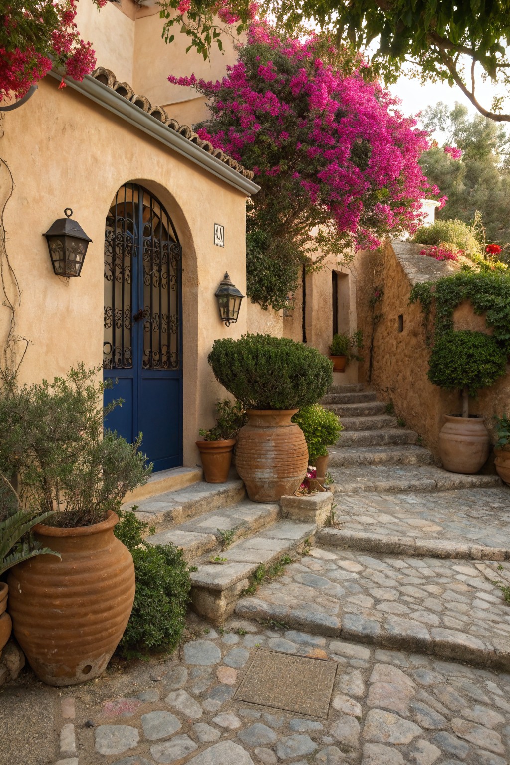 Beige stucco house entrance with arched blue gate and door, large terracotta pots with plants along stone steps and pathway, pink bougainvillea vines overhead, lanterns on walls.