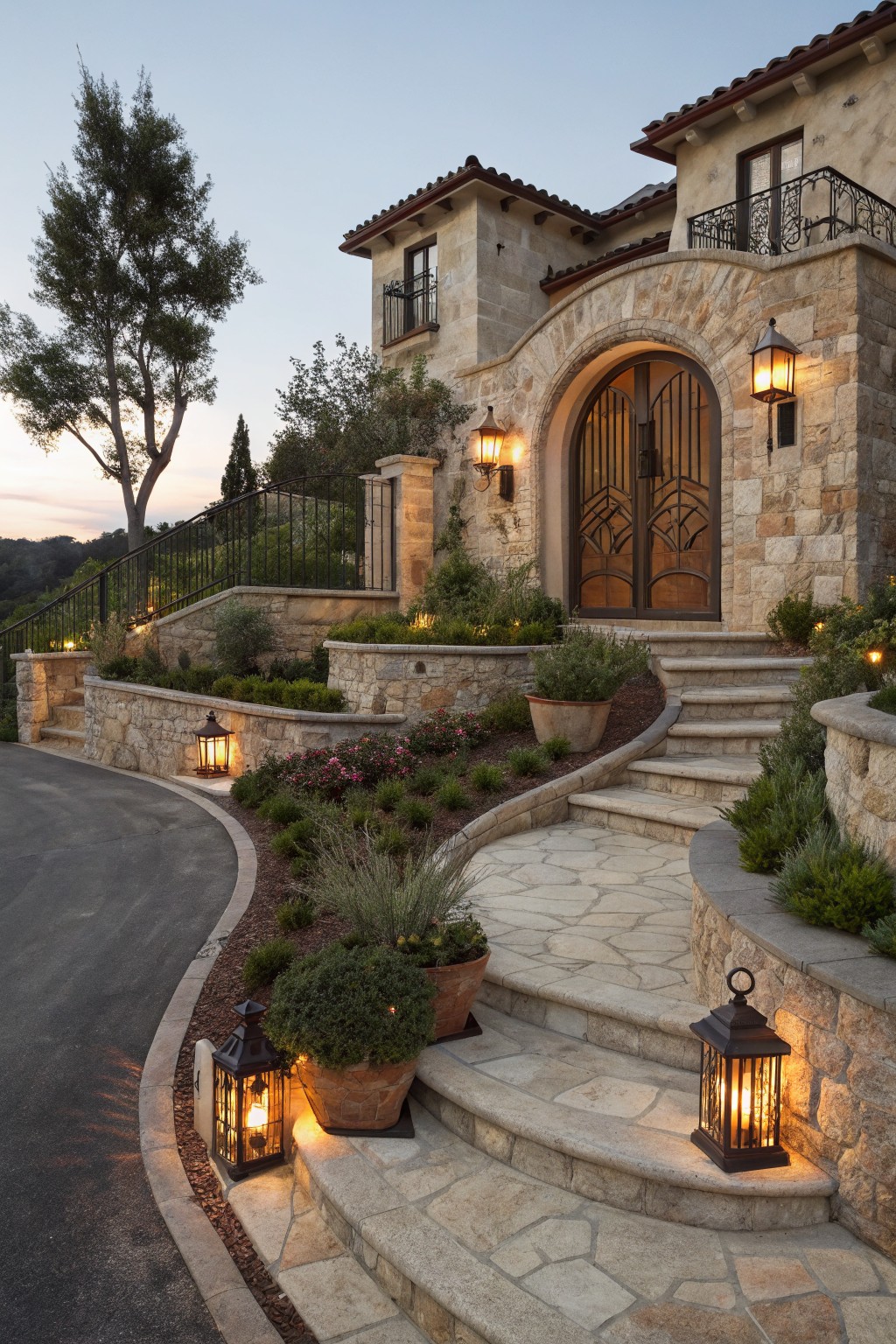 Stone house facade with arched entry doors approached by curved terraced stone steps from a driveway, lined with retaining walls, flower beds, potted plants, and lanterns at dusk.