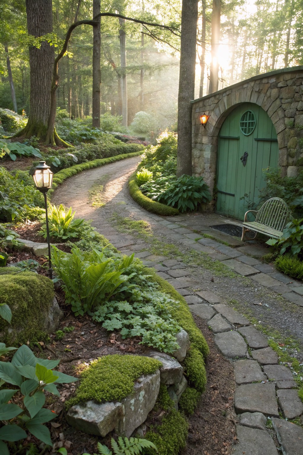 Winding stone path edged with ferns, hostas, moss-covered rocks, and green plants leads through a forested garden to a green arched door in a stone wall with a lantern and bench nearby.