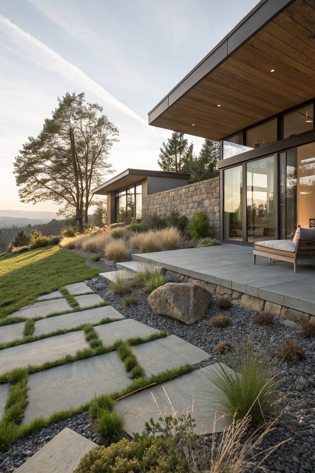 Modern house exterior with stone walls, glass doors to a terrace, large concrete pavers inset with grass forming a path, boulders, gravel, and ornamental grasses on a hillside lawn at sunset.