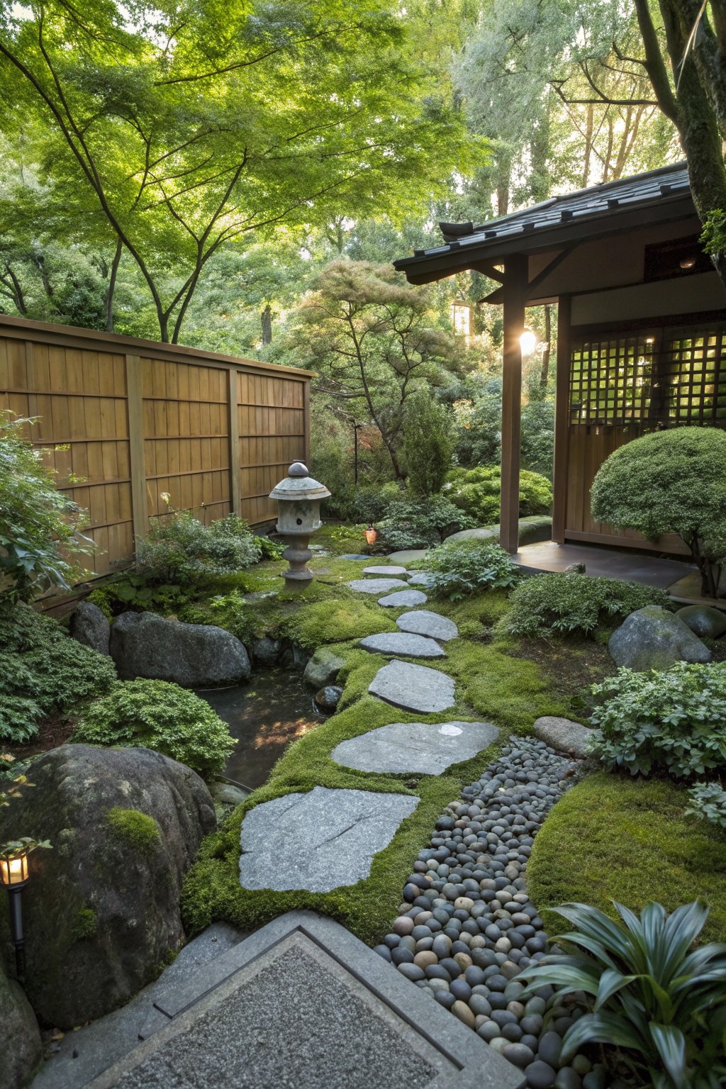 Winding path of flat stepping stones through moss-covered ground with large rocks, a small stream, gravel borders, stone lanterns, and a traditional wooden pavilion beside a wooden fence.