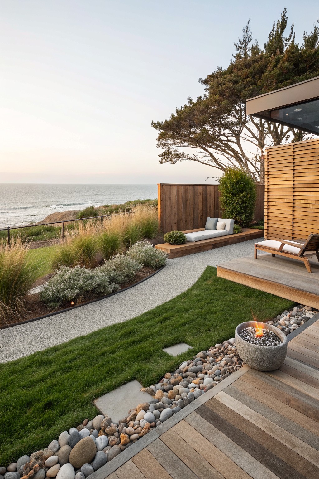 Wooden deck platform with a lounge chair, gray stone fire bowl filled with glowing fire rocks and pebbles next to river rock border, gravel path curving through grass lawn and ornamental grasses, privacy fence, and ocean view.