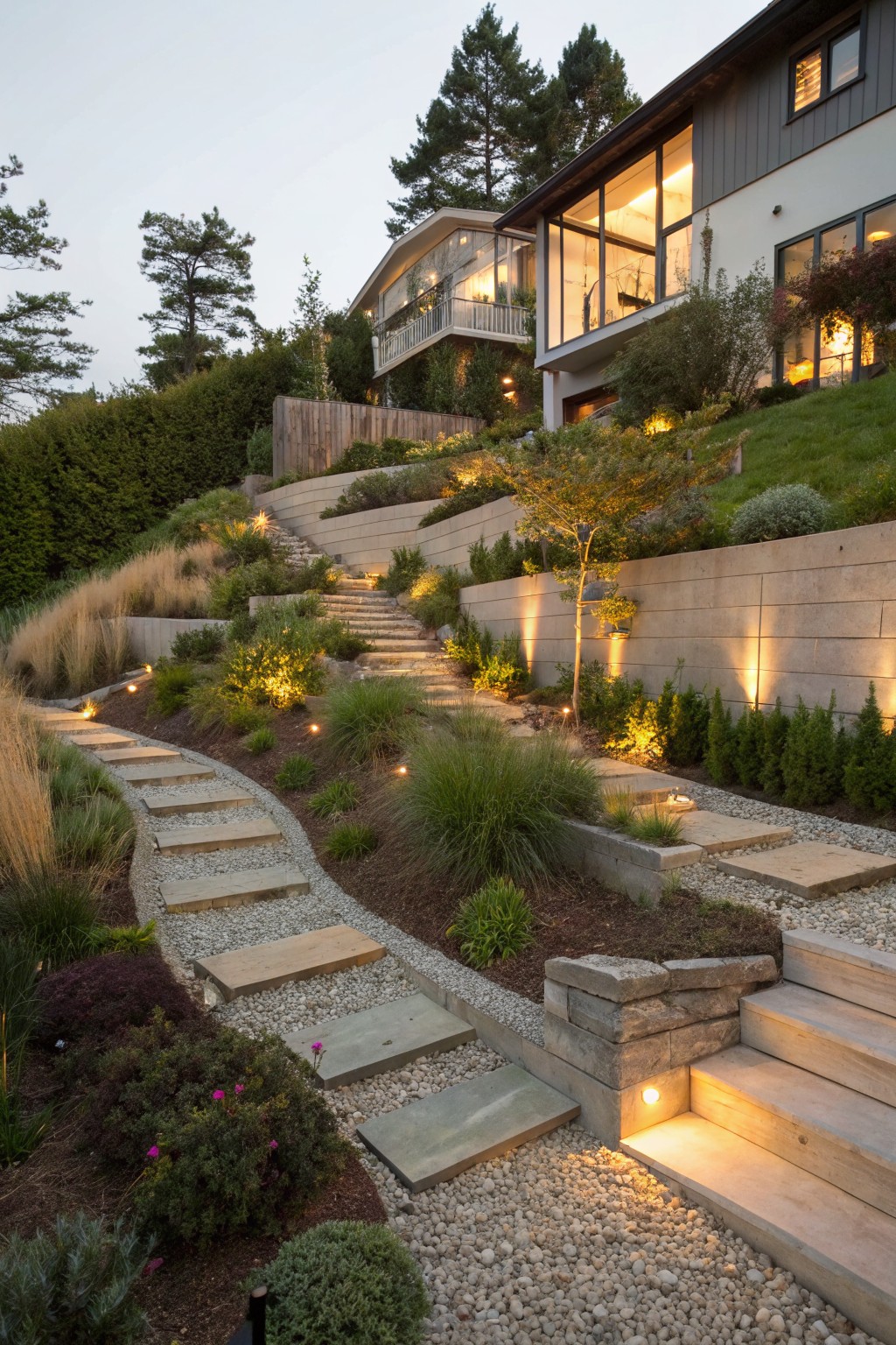 Sloped hillside garden with meandering flagstone paths and steps through grasses, gravel mulch beds, concrete retaining walls, shrubs, path lighting, and a modern house visible at the top during twilight.