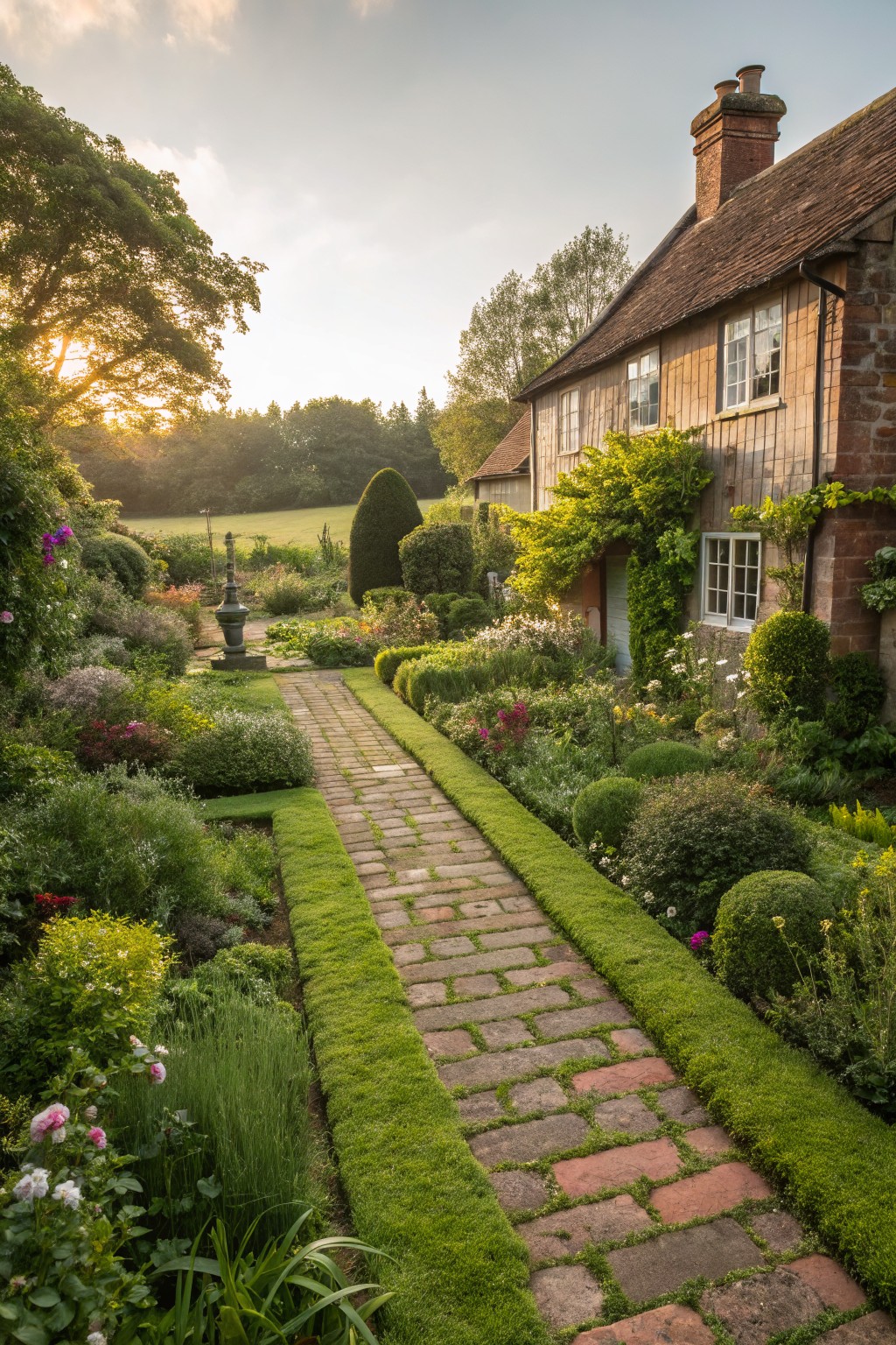 A winding brick path bordered by thin strips of green turf grass winds through lush garden beds filled with flowers, shrubs, and topiary, leading toward a traditional brick cottage house.