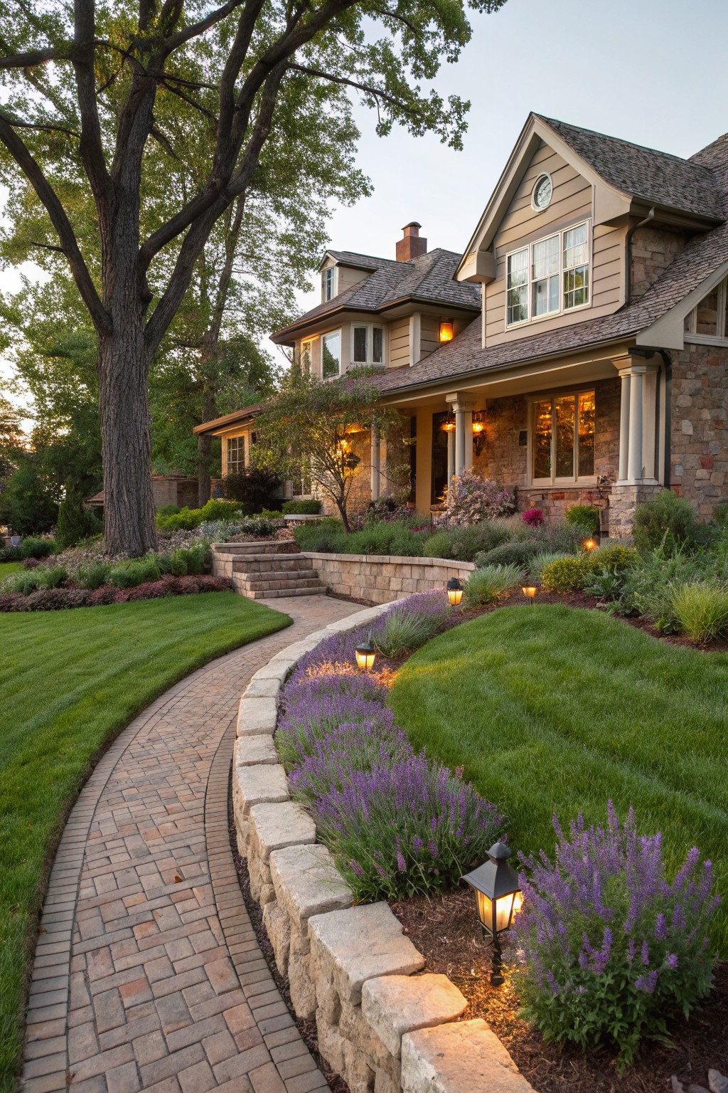 Curved brick paver pathway bordered by low stone walls with purple lavender plants along a lush green turf lawn, leading to front steps of a shingle-style house.