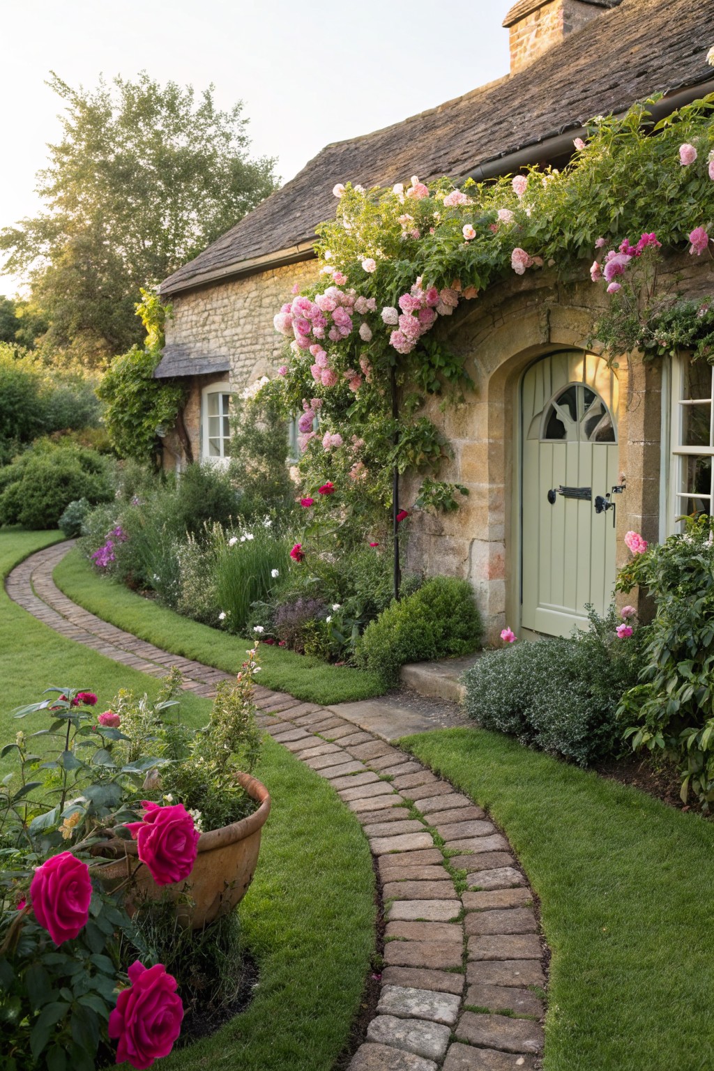 Stone cottage with pink climbing roses on the facade and arched green door, curved brick path winding through turf lawn bordered by flower beds and shrubs.