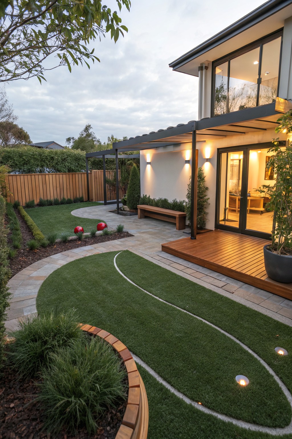 Curved artificial turf lawn shaped like a track with white line and red balls, edged by timber and stone paths, surrounded by plants and leading to a wooden deck patio next to a modern house.