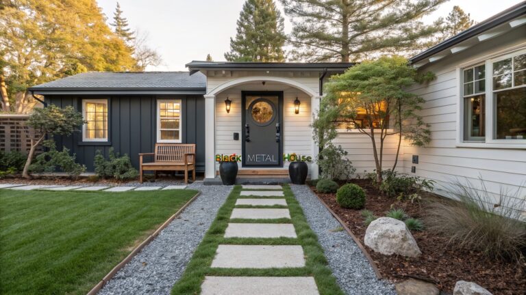 Modern black shed with orange front door and small window, approached by gray square stepping stones set into green turf lawn, edged with gravel and shrubs, tall trees and fence in background.