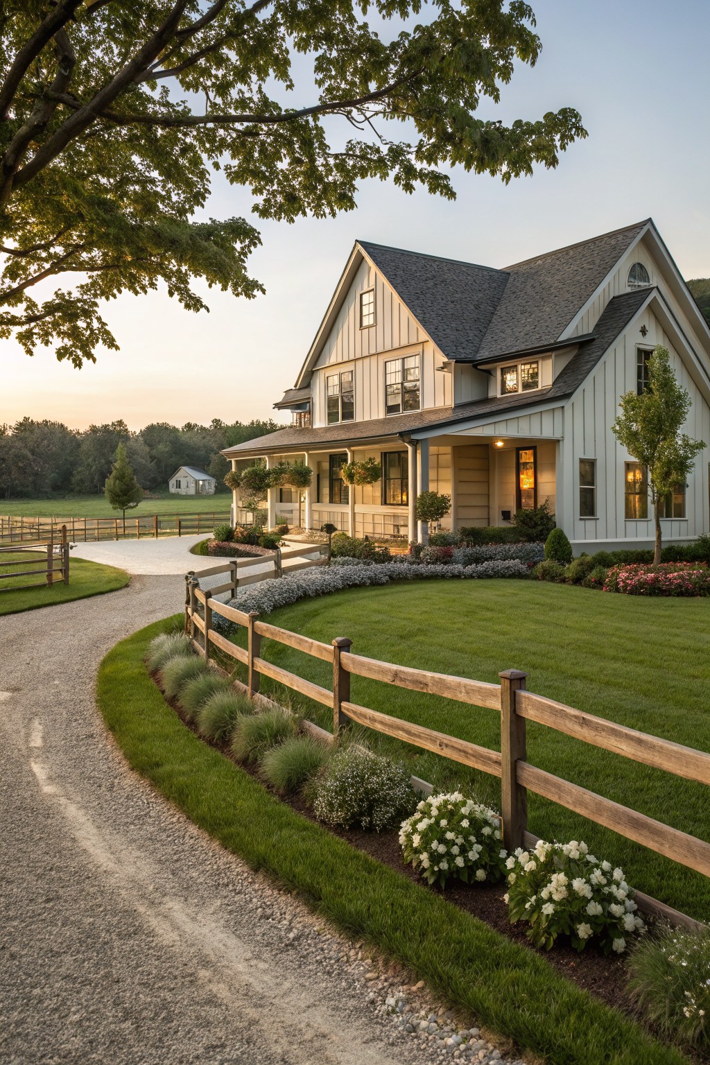 White clapboard farmhouse with gabled roof, wraparound porch, and lit windows at dusk, fronted by curved gravel driveway through lush green lawn, bordered by wooden split-rail fence and low plantings.