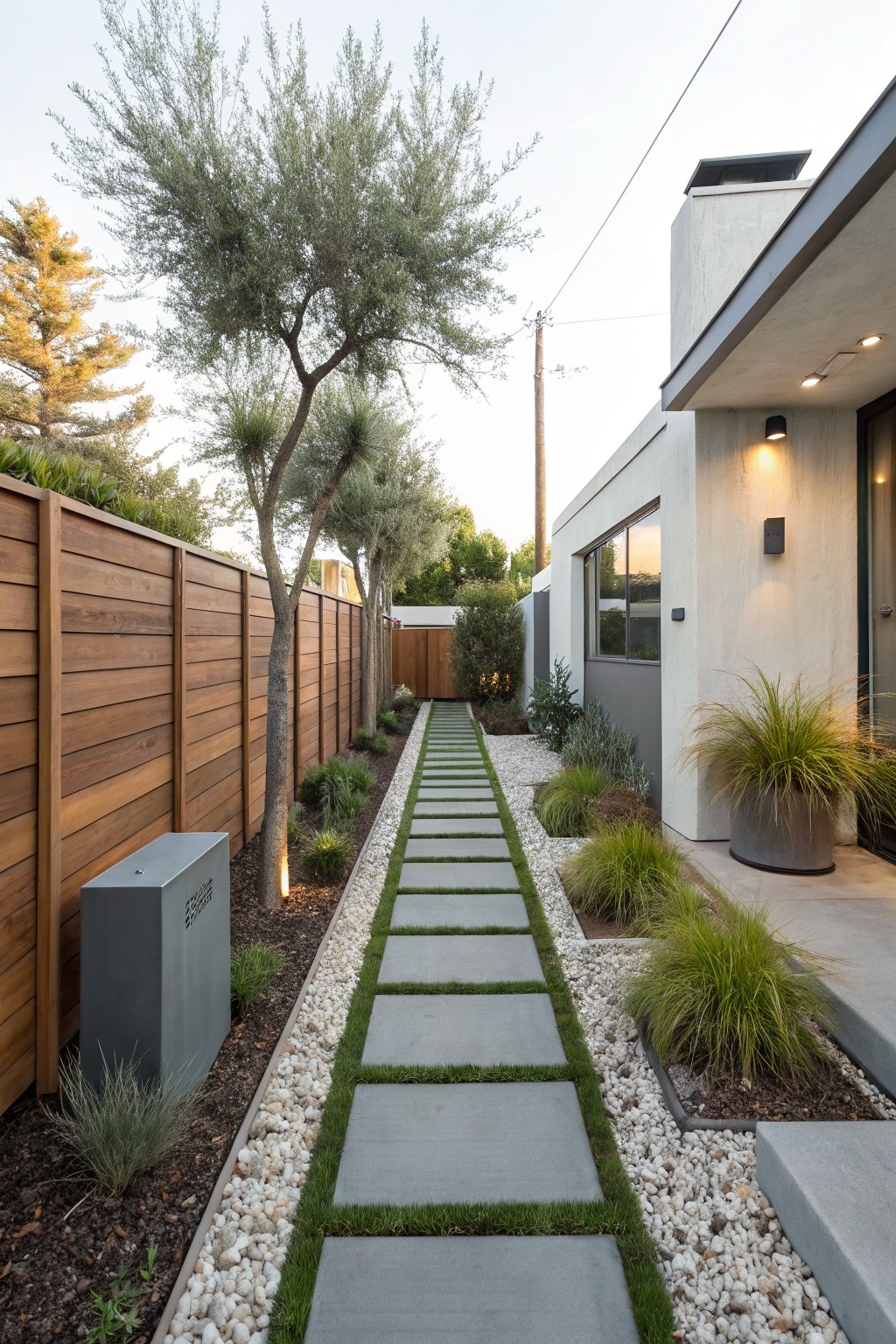 Narrow outdoor pathway of large square gray concrete pavers set into white gravel ground cover, with narrow grass strips and low grasses along the edges, wooden fence and olive trees to one side, modern house wall to the other.
