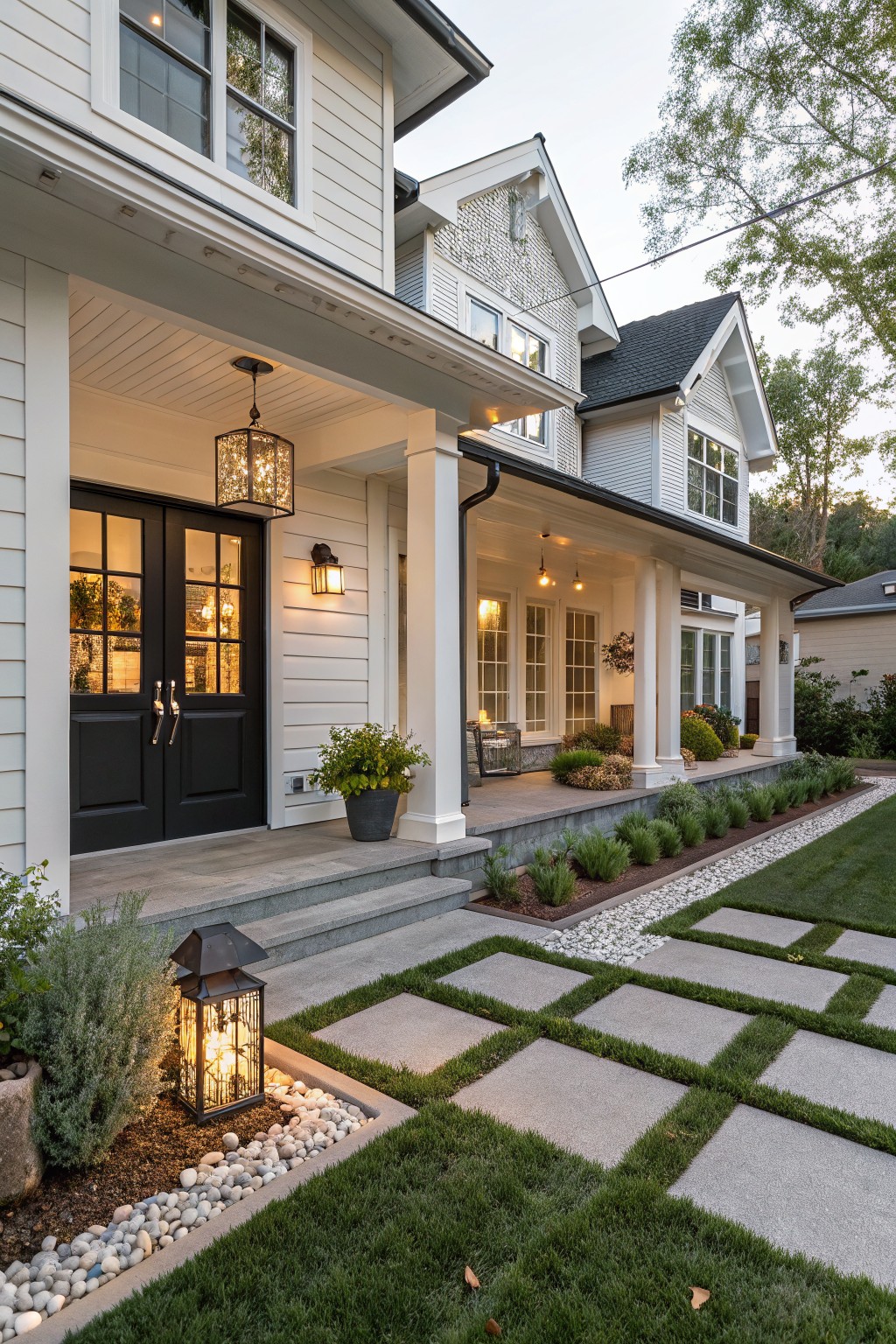 Front view of a white clapboard house with black double front doors under a covered porch, concrete square pavers arranged in a grid pattern within green turf grass leading to porch steps, flanked by low shrubs, gravel beds, and lit lanterns.