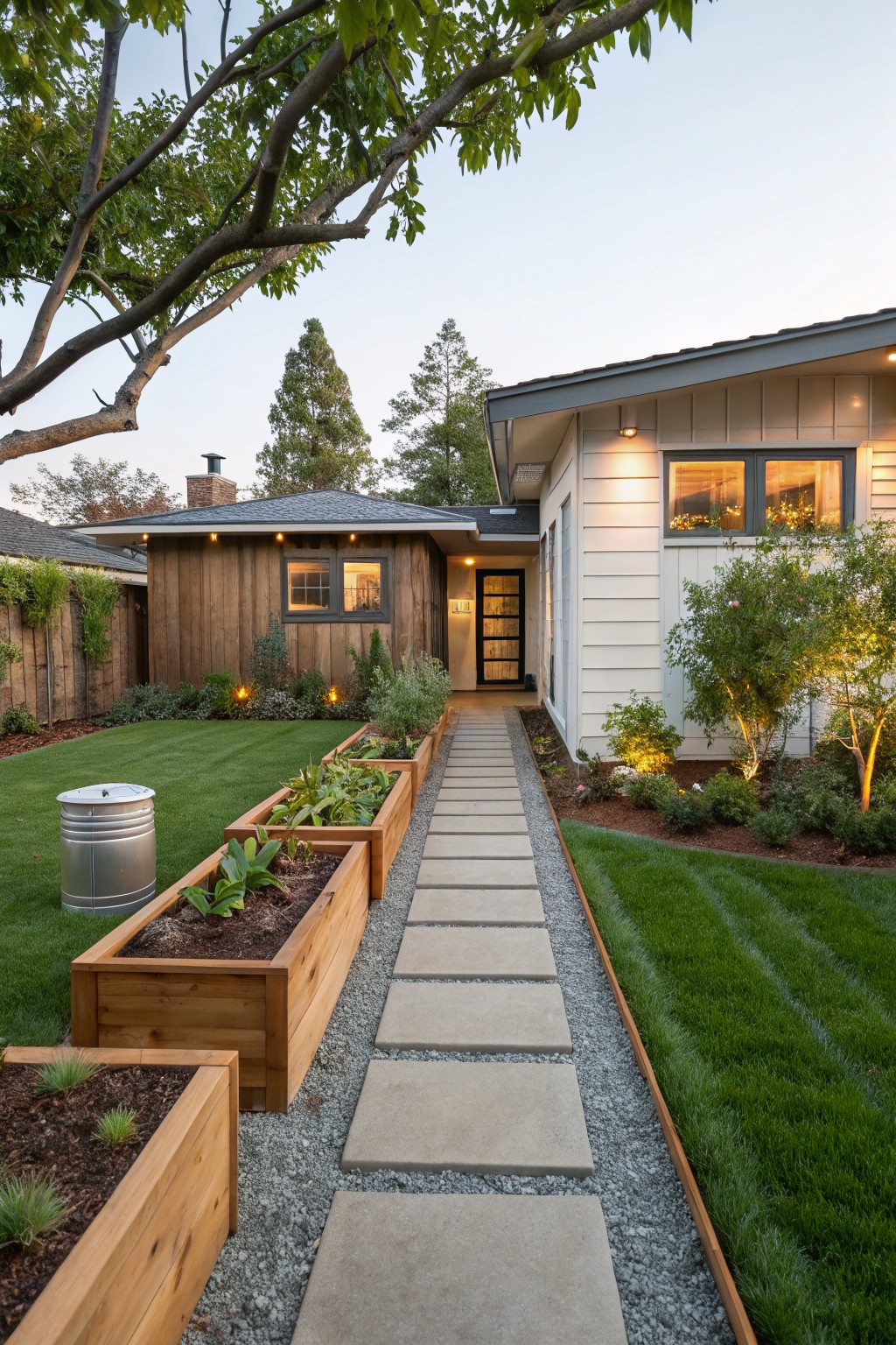 Front yard stone pathway lined with wooden raised planter boxes containing plants on one side and a striped turf lawn on the other, leading to a house entry flanked by shrubs and lighting.