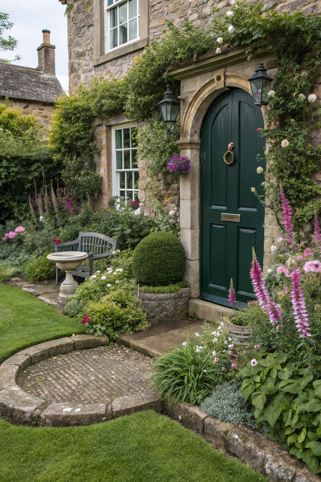 Stone house exterior with arched green front door, surrounded by flower beds containing pink foxgloves, roses, and other plants, a curved stone path, turf lawn, and a bench with birdbath.