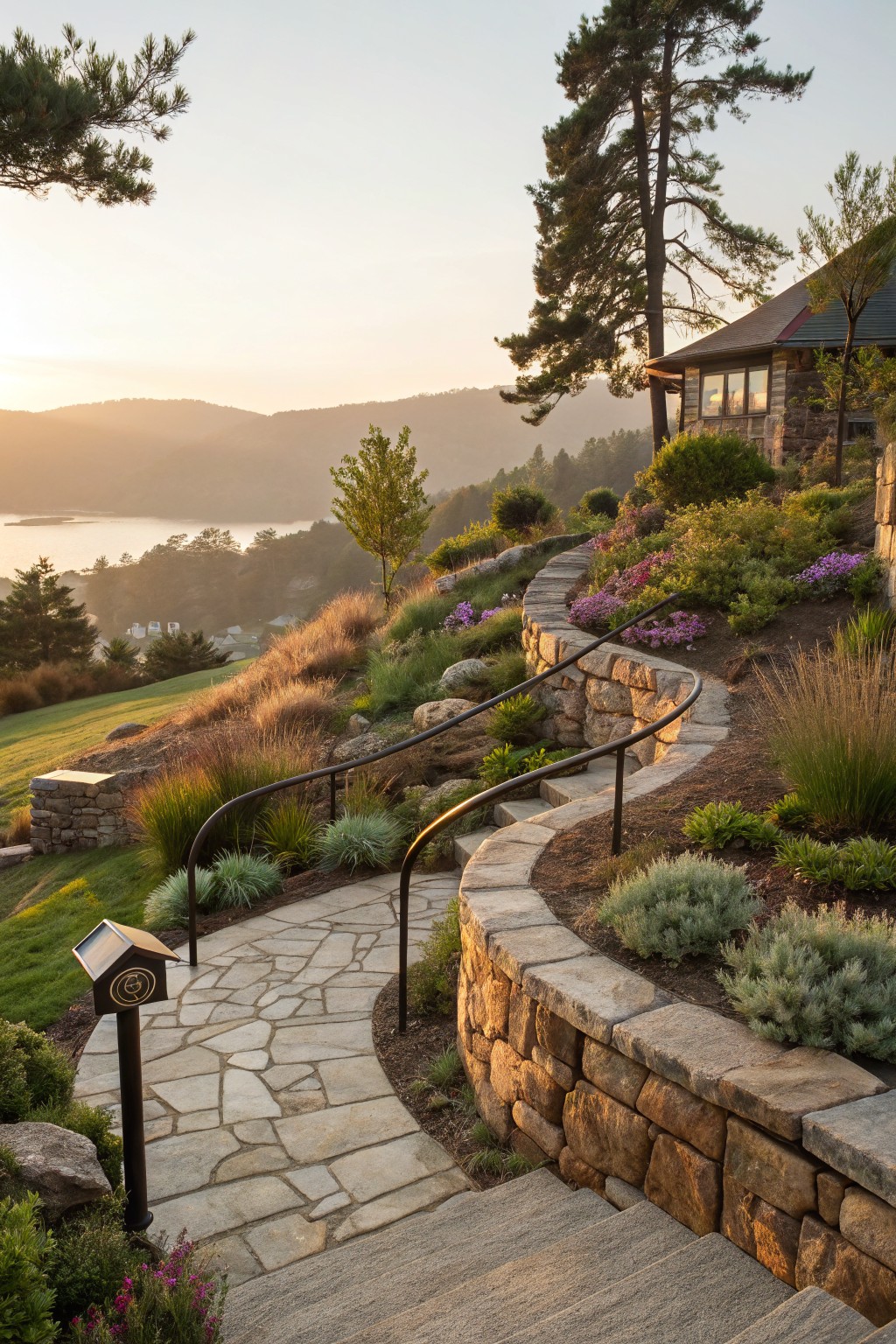 Winding flagstone pathway with steps and black metal railings ascends a landscaped slope bordered by curved stone retaining walls and various plants toward a house, overlooking a lake and mountains at sunset.