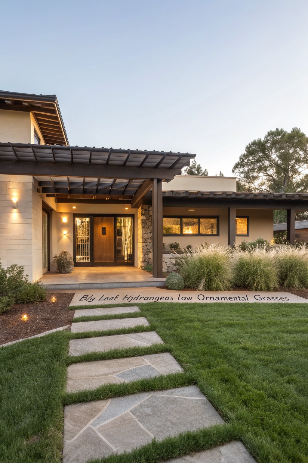 Modern house exterior with covered entry porch, wooden double doors, stone accents, and a front yard turf lawn featuring irregular gray stone stepping stones path edged by big leaf hydrangeas and low ornamental grasses.