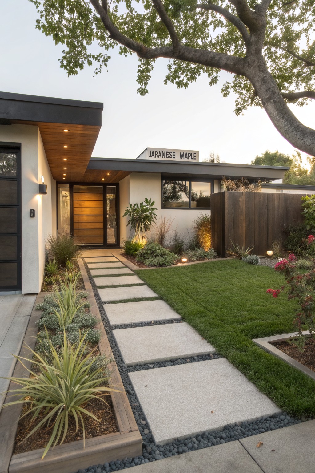 Modern house front with a linear concrete paver pathway set into a green turf lawn, edged by gravel and agave plants in wooden planters, leading to a slatted wooden door beneath a Japanese maple tree sign.