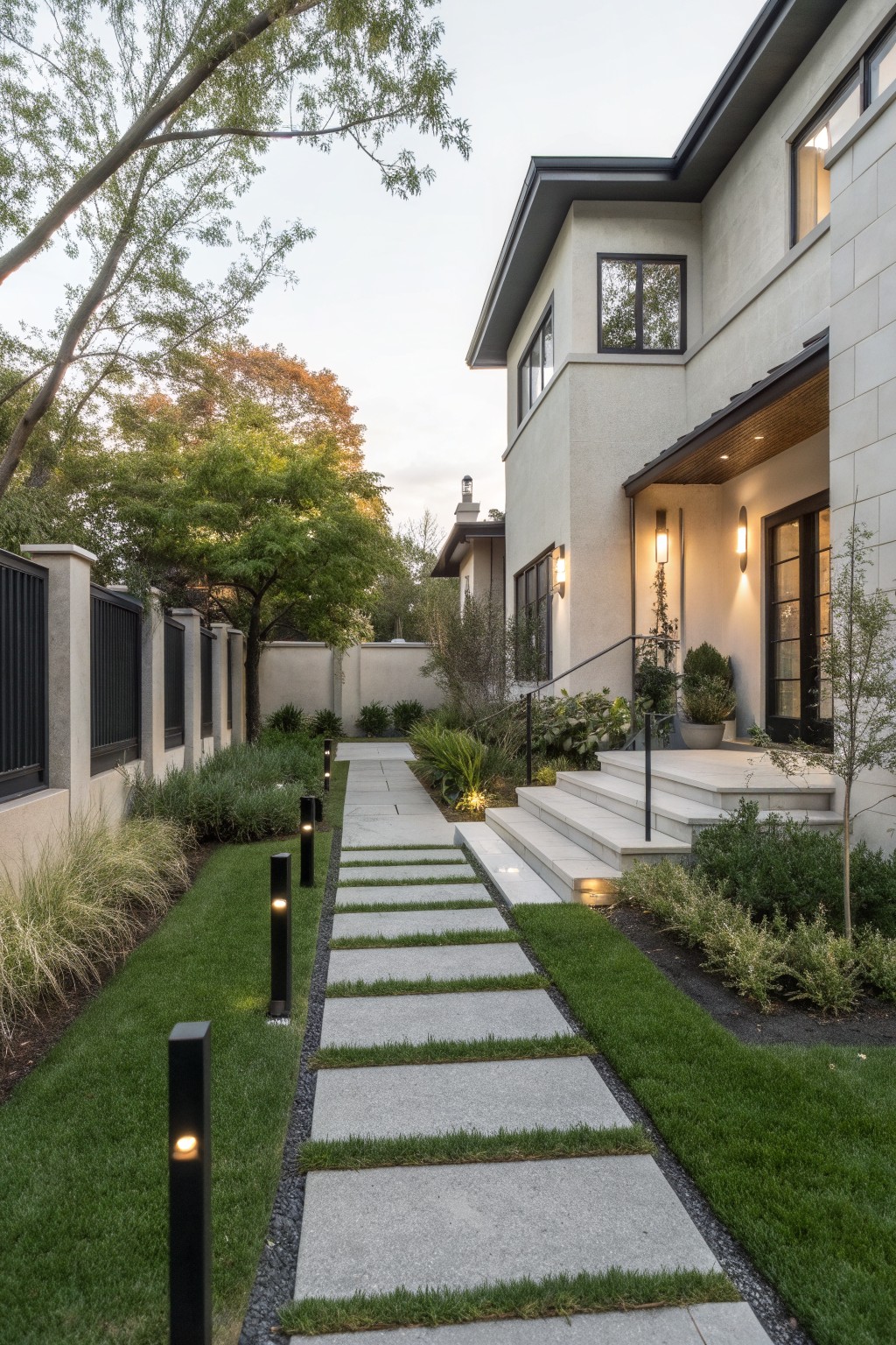 Modern beige house with a concrete stepping stone pathway embedded in green turf lawn leading to a multi-step entry, lined with black bollard lights, plants, and a stucco fence.