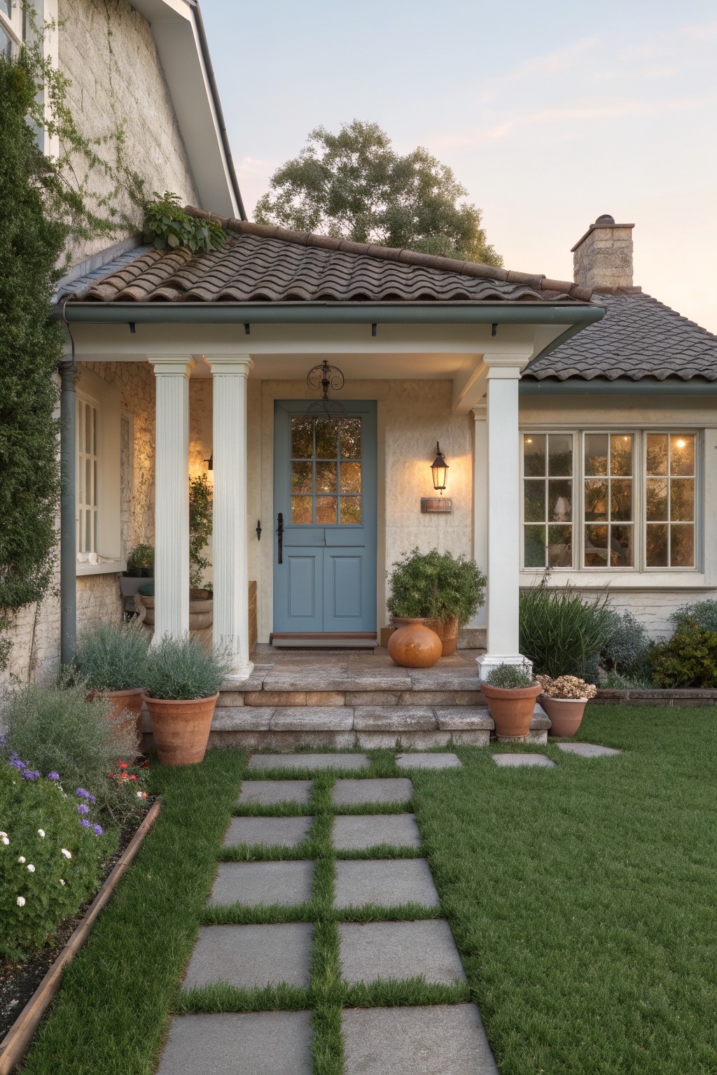 Front porch of a stucco house with blue door, white columns, and lanterns, approached by a path of large square stepping stones set into green turf lawn edged with plants and pots.