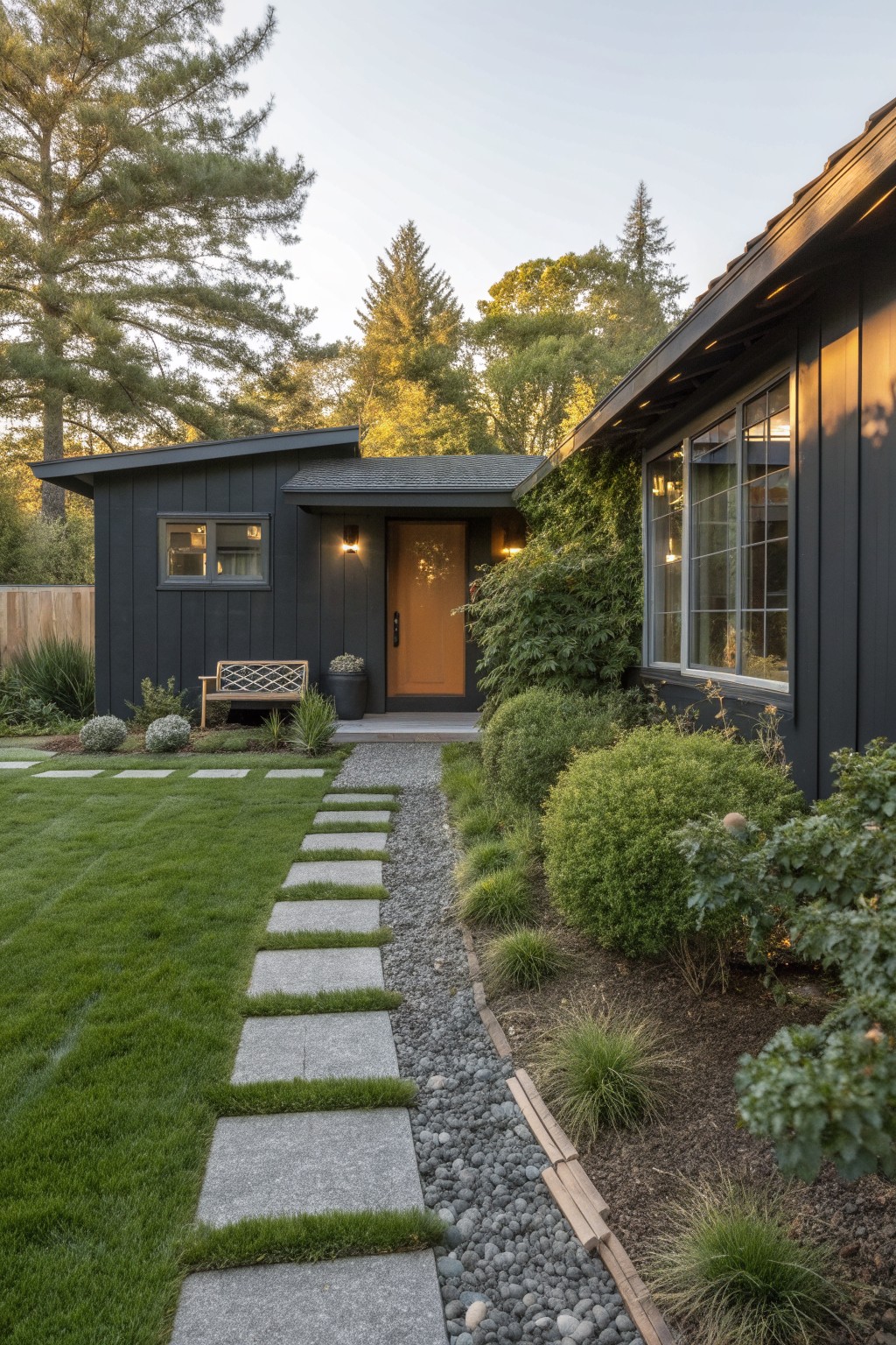 Modern black shed with orange front door and small window, approached by gray square stepping stones set into green turf lawn, edged with gravel and shrubs, tall trees and fence in background.