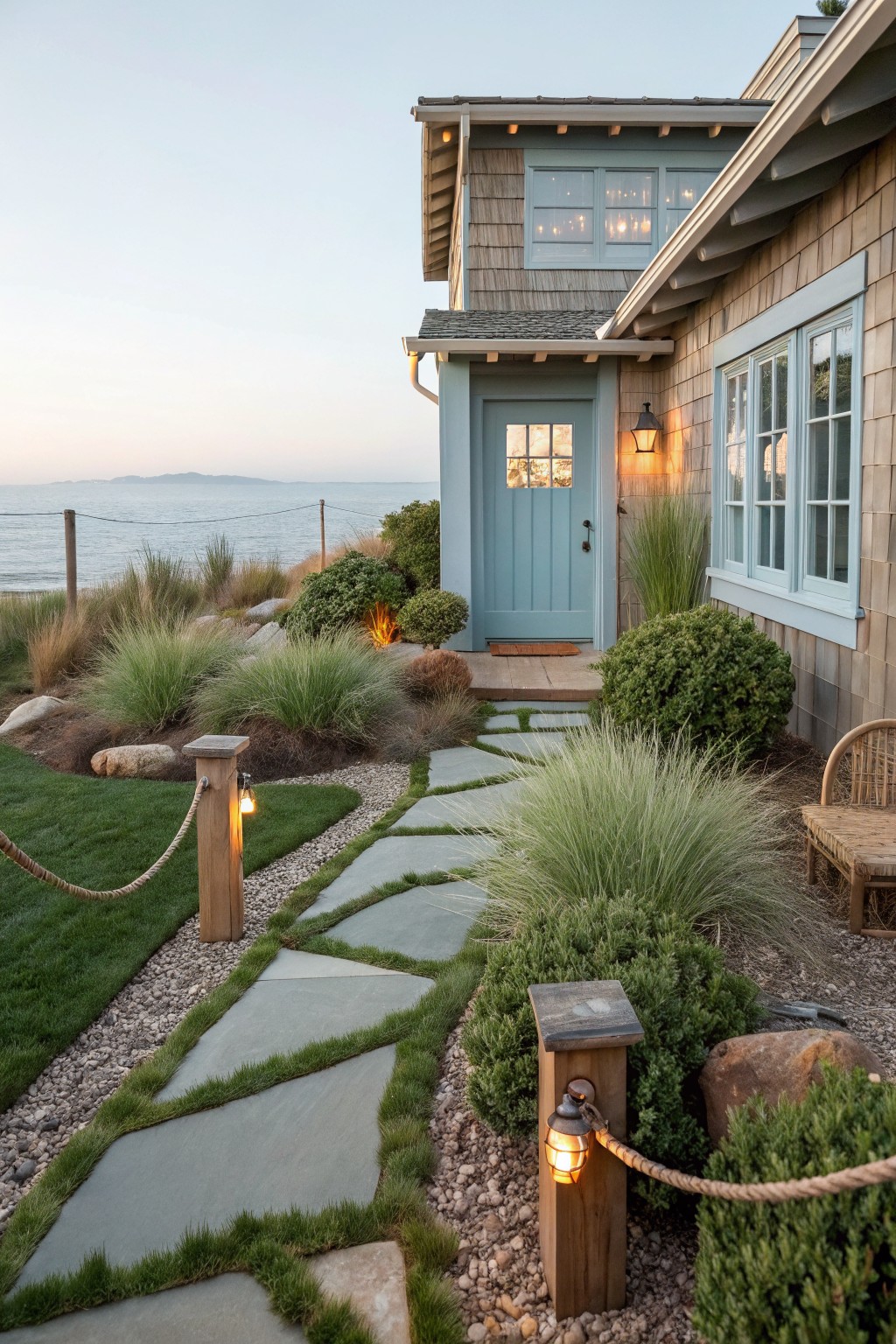 Front yard of a shingle-style house with blue front door, featuring turf lawn, irregular gray stone pathway, ornamental grasses, shrubs, rocks, rope fencing with wooden posts and lanterns, and ocean view in background.