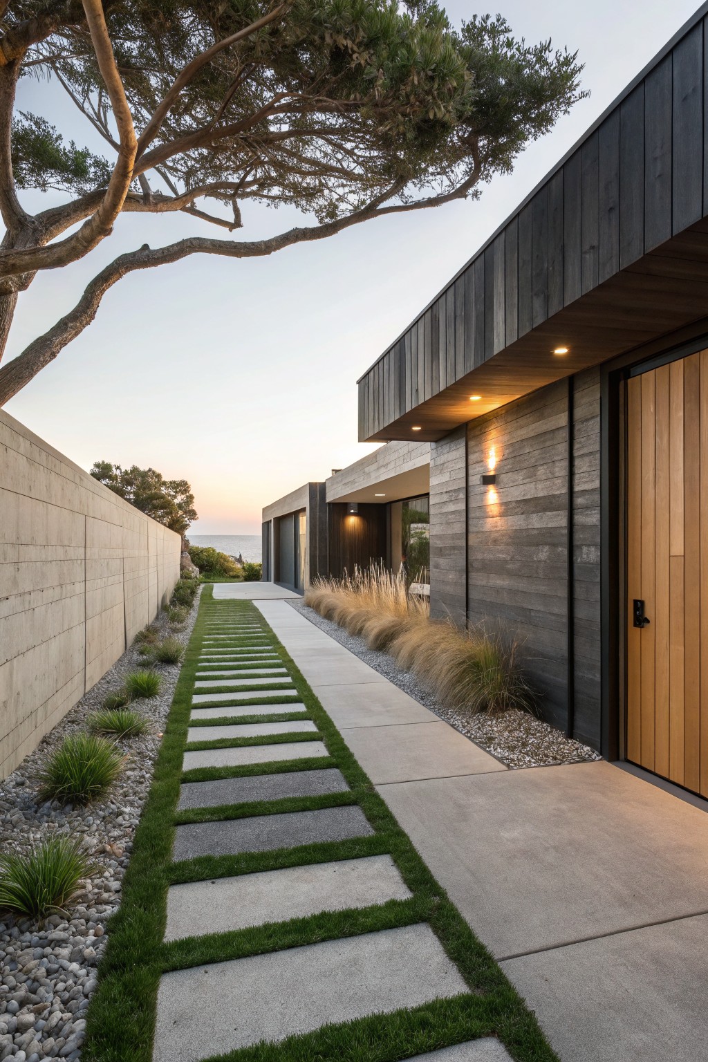 Front yard pathway of rectangular concrete pavers alternating with green turf strips, leading past low grasses and pebbles to a black wood-clad house with a light wood entry door and wall lights.