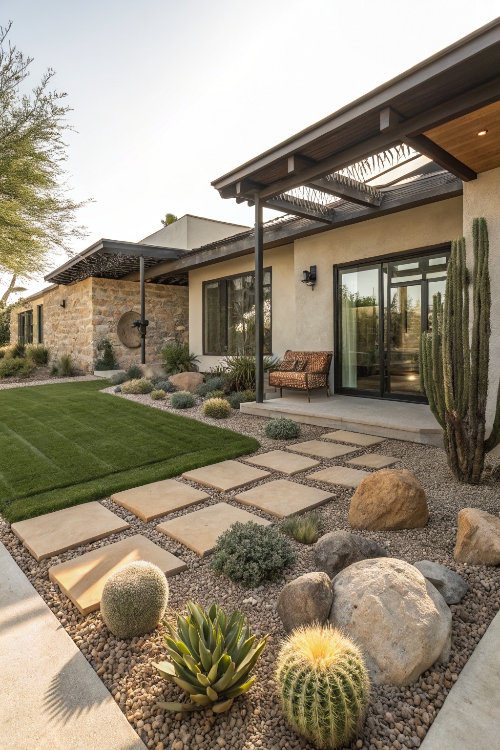 Modern stucco house exterior with covered patio, wicker seating, sliding glass doors, adjacent green turf lawn bordered by large beige pavers, gravel ground cover with boulders, cacti, agave, and stepping stones.