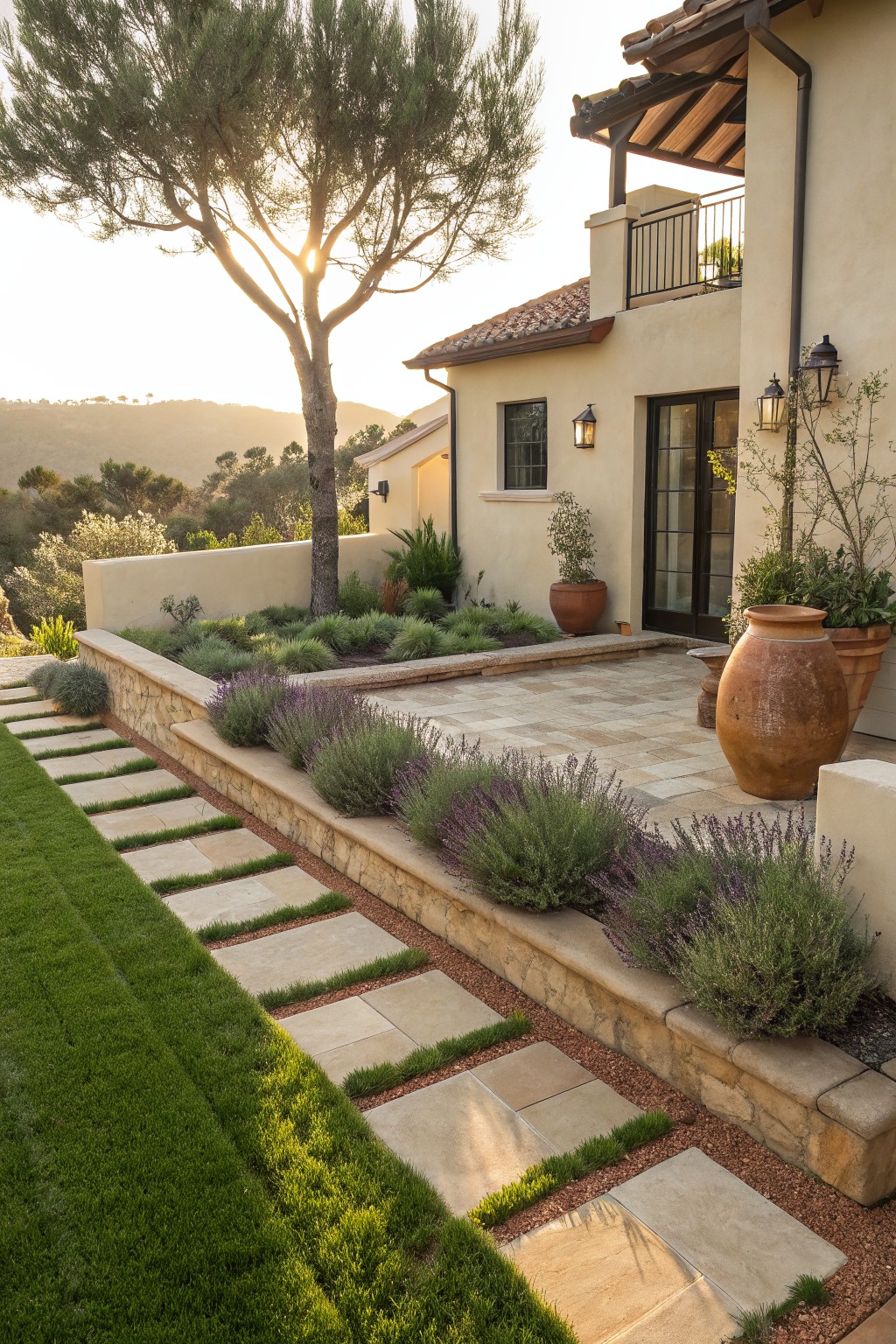 Landscaped yard with stepping stone paths set into strips of green turf grass along a stone retaining wall edged with lavender bushes, large terracotta pots on a stone patio next to a beige stucco house, pine tree and hills in background at sunset.