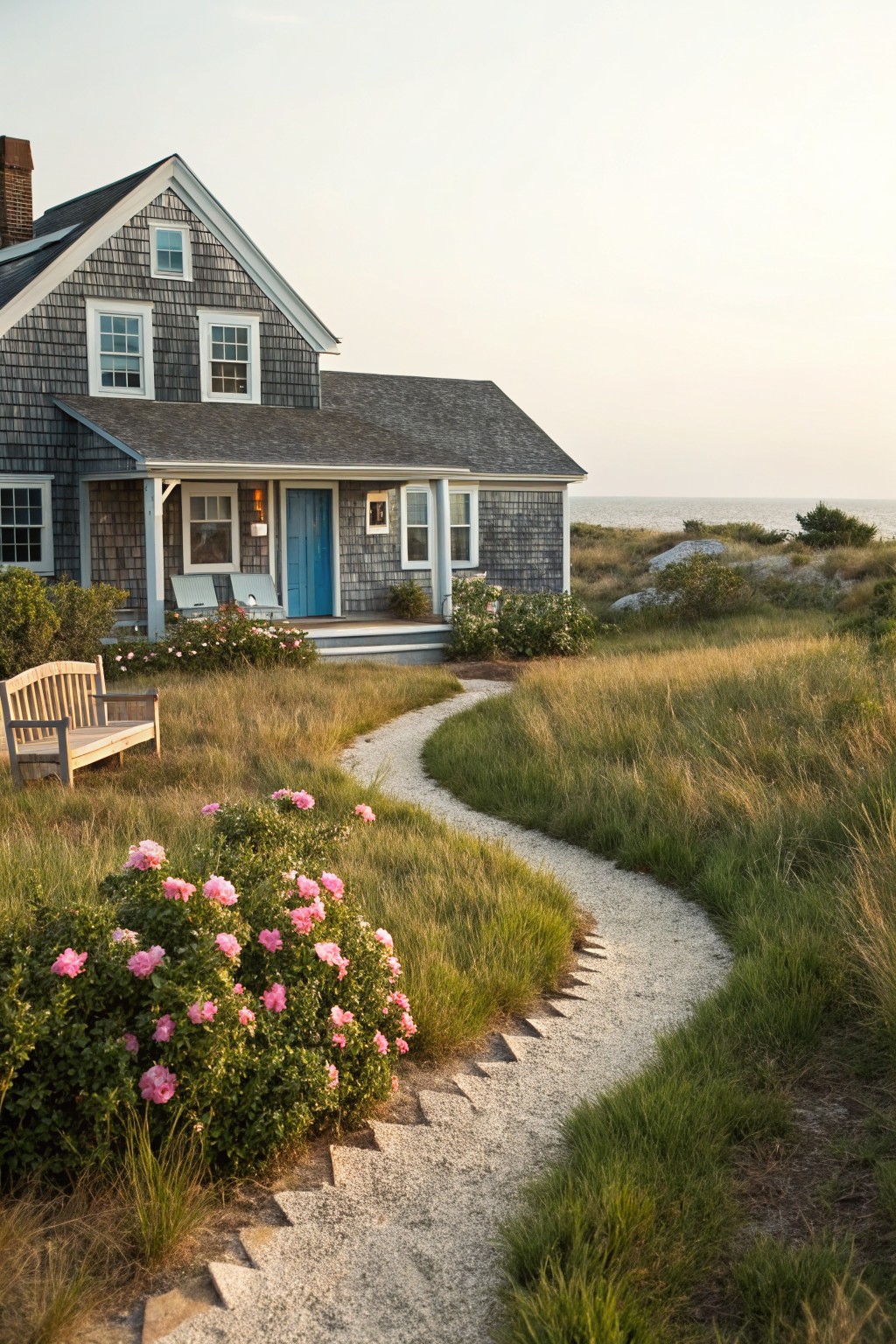 Gray shingled house with blue front door and porch, approached by curving white gravel path winding through tall golden grasses and pink rose bushes, wooden bench nearby, beach dunes and ocean in background.
