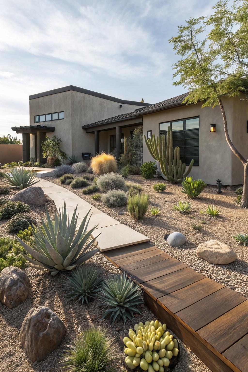 Front yard of a modern stucco house with a meandering pathway of concrete pavers transitioning to wooden deck over gravel, surrounded by agave plants, cacti, grasses, boulders, and desert shrubs.