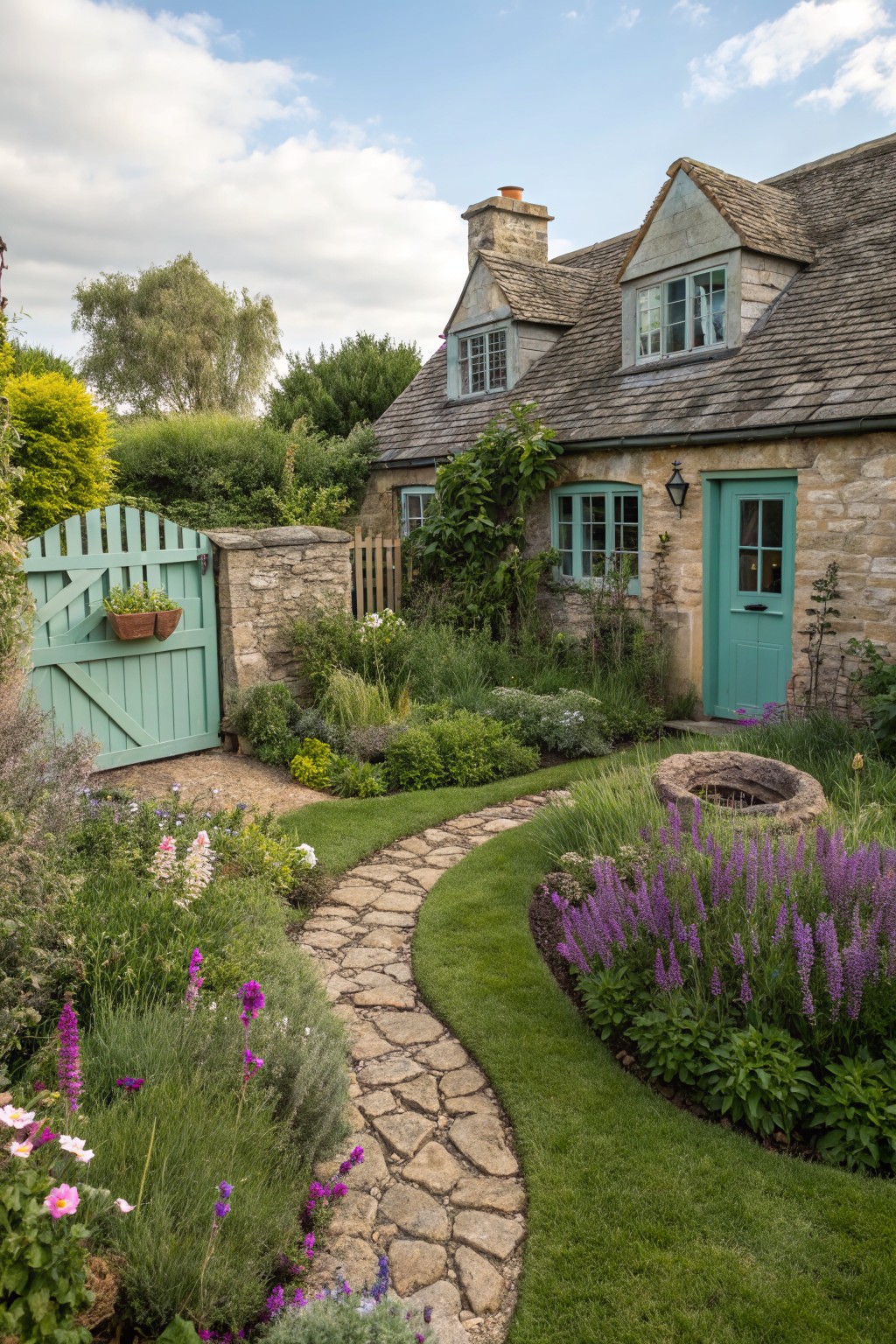 Quaint stone cottage with teal front door and windows, green turf lawn edged by colorful flower beds and lavender, curving stone path leading from wooden gate to entry, garden plants and trees in background.