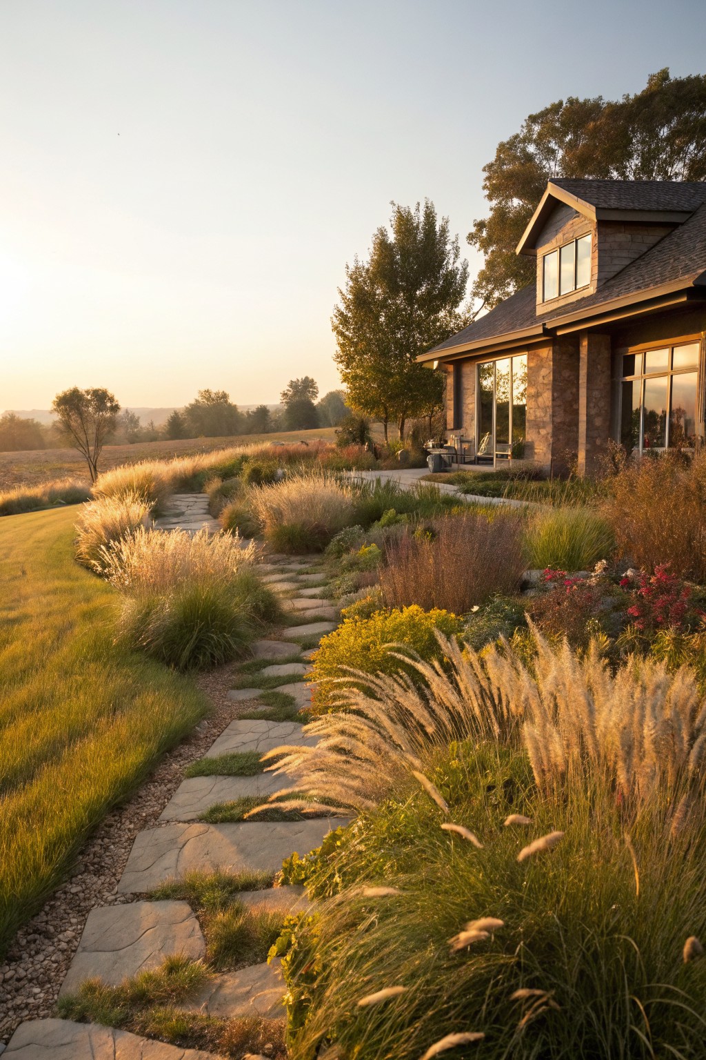Stone slab pathway curving through tall golden ornamental grasses and low plants toward a stone and wood house on a grassy hillside at sunset.