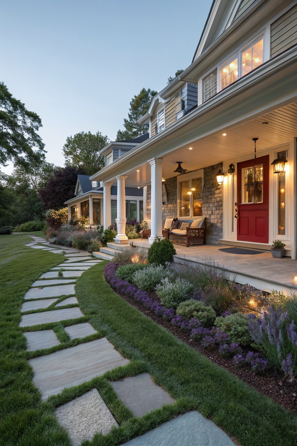 House exterior with covered porch and red front door, showing a curving path of large rectangular gray stone slabs embedded in green turf lawn, edged by purple lavender plants, shrubs, and flower beds.