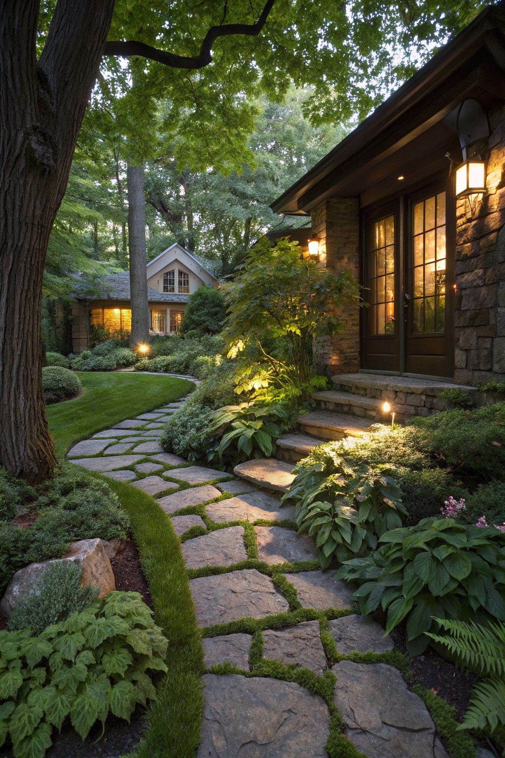 Winding flagstone path edged with green turf lawn and bordered by plants leads up stone steps to a house entrance, with trees, shrubs, and garden lights in a wooded yard at dusk.