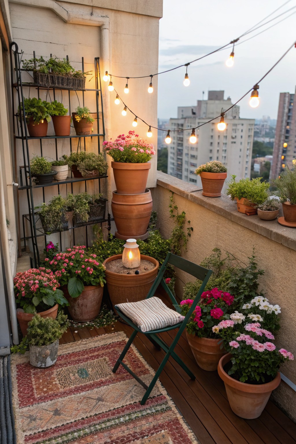 Small urban balcony at dusk with tall black metal shelving unit holding numerous potted plants including pink flowers and herbs, large terracotta pots on the floor, green folding chair on patterned rug, lit lantern, string lights overhead, and city buildings in background.