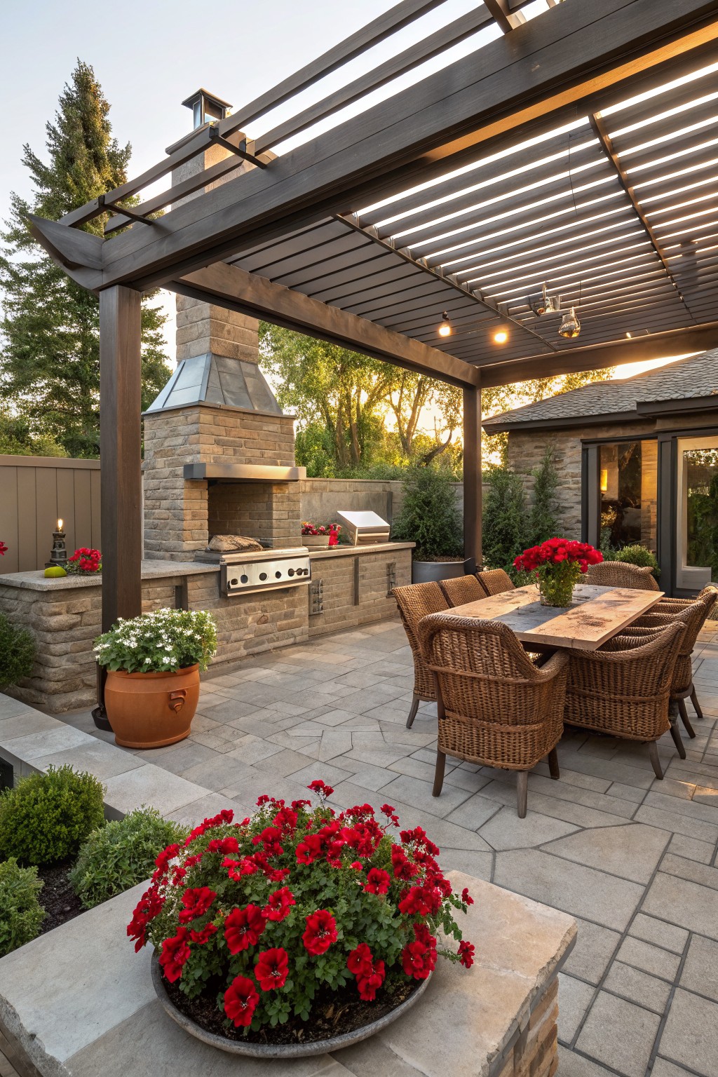 Outdoor patio under wooden pergola with stone fireplace and kitchen, wicker dining table and chairs, potted red flowers including zinnias, and paver flooring.