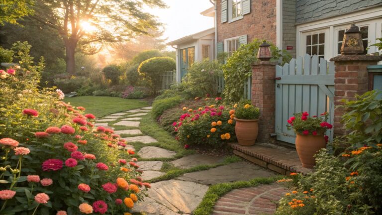 Stone pathway curving through dense flower beds of pink, red, orange, and yellow zinnias beside a turquoise picket gate on a stone house wall covered in ivy and plants, with trees and shrubs in the background during sunrise.