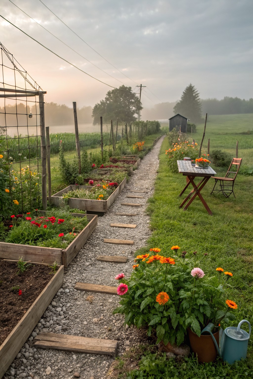 Gravel pathway bordered by wooden raised beds planted with colorful zinnias and other flowers, a small wooden table with chairs nearby, watering cans, and a garden shed in the background amid misty fields.