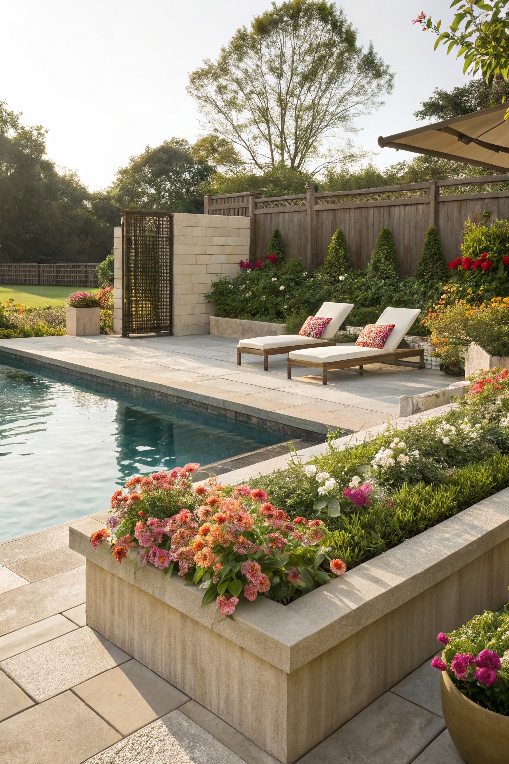 Stone pool deck with turquoise water, two white loungers with colorful pillows nearby, raised limestone planters overflowing with pink and orange zinnias along the pool edge, wooden fence and greenery in the background.