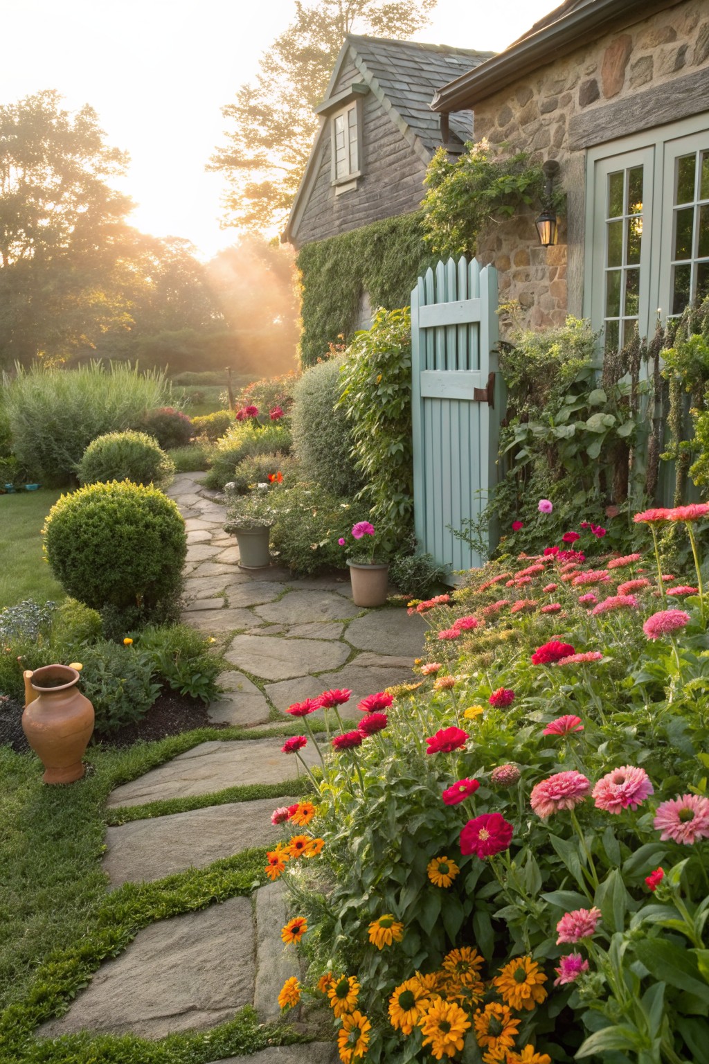 Stone pathway curving through dense flower beds of pink, red, orange, and yellow zinnias beside a turquoise picket gate on a stone house wall covered in ivy and plants, with trees and shrubs in the background during sunrise.