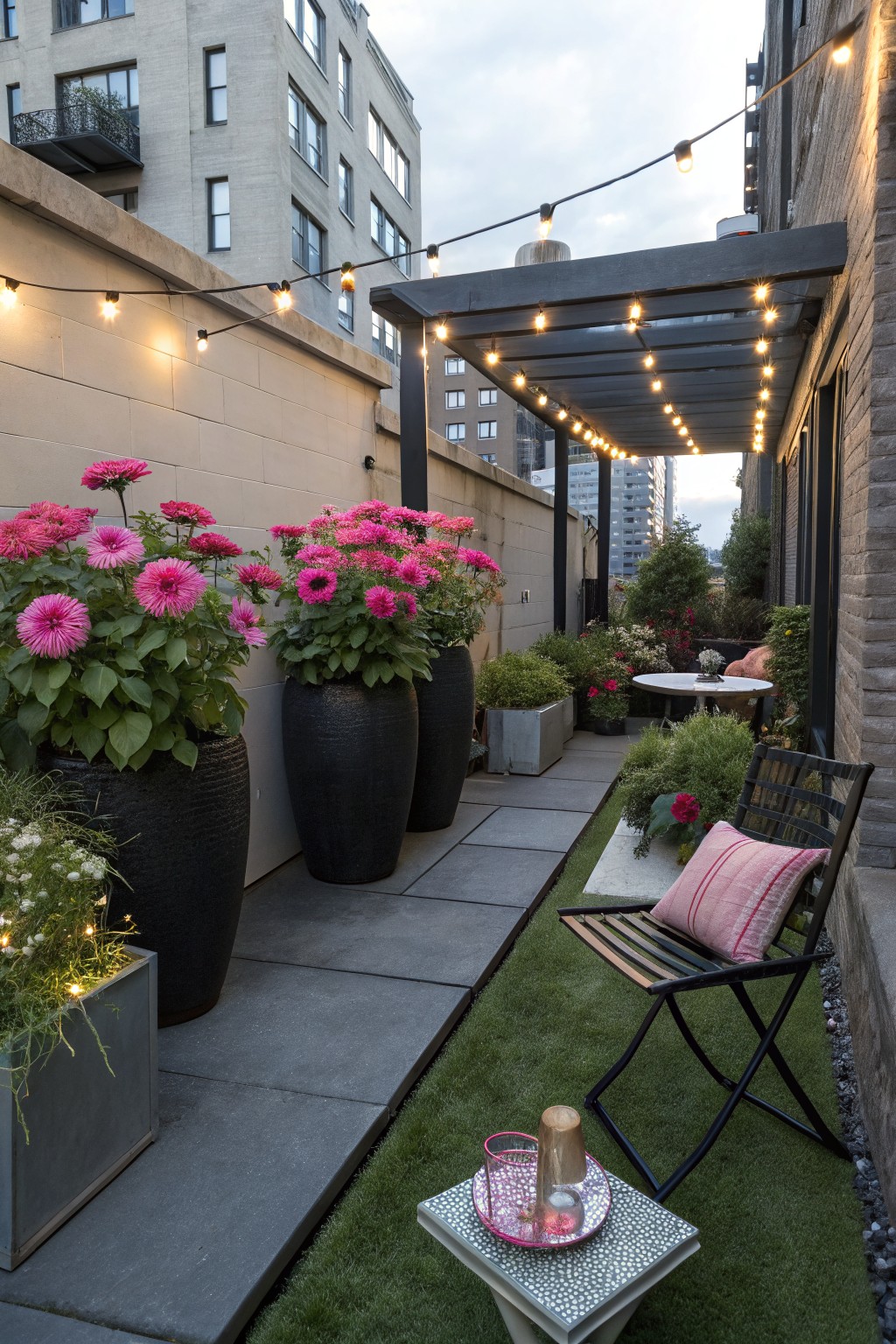 Narrow urban terrace walkway lined with large black pots of pink zinnias, stone pavers, artificial grass patch, black metal chair with pink cushions, small table with glassware, string lights under wooden pergola, brick walls and surrounding buildings.