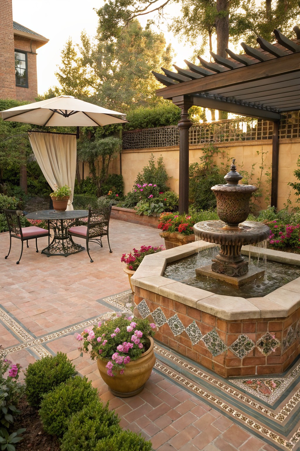 Backyard patio with a central tiled fountain surrounded by pink flowers, a wrought iron bistro table with two chairs under a beige umbrella, potted plants, boxwood shrubs, and a wooden pergola nearby.