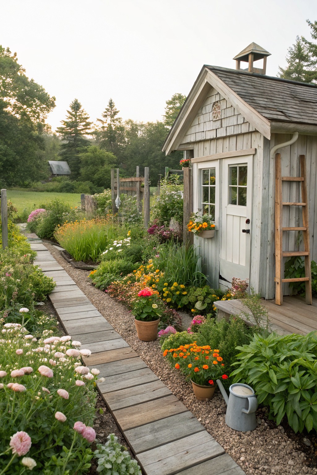 Gray shingled garden shed with white door and window boxes of yellow flowers, fronted by a wooden boardwalk path through gravel bordered by colorful flower beds of pink, orange, and white blooms, with potted plants, a watering can, and surrounding greenery and trees.