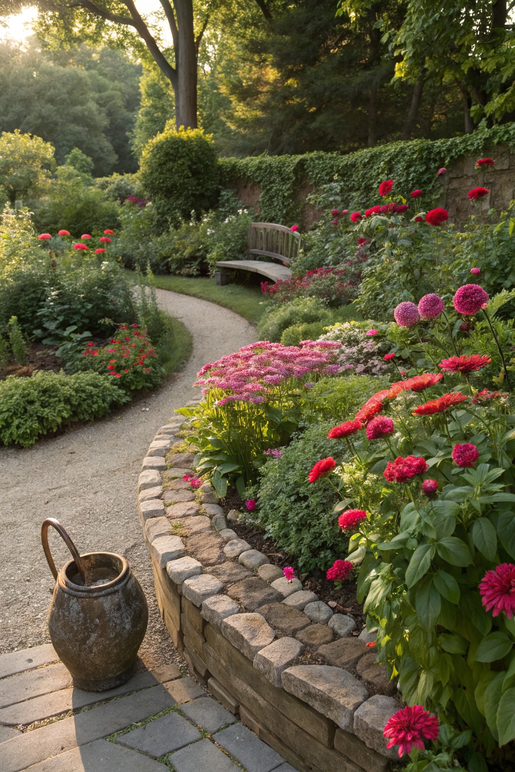 A curving gravel path bordered by a low stone wall planted with clusters of red and pink zinnias, a copper watering can placed nearby, wooden bench ahead, and trees and shrubs in a lush garden setting.